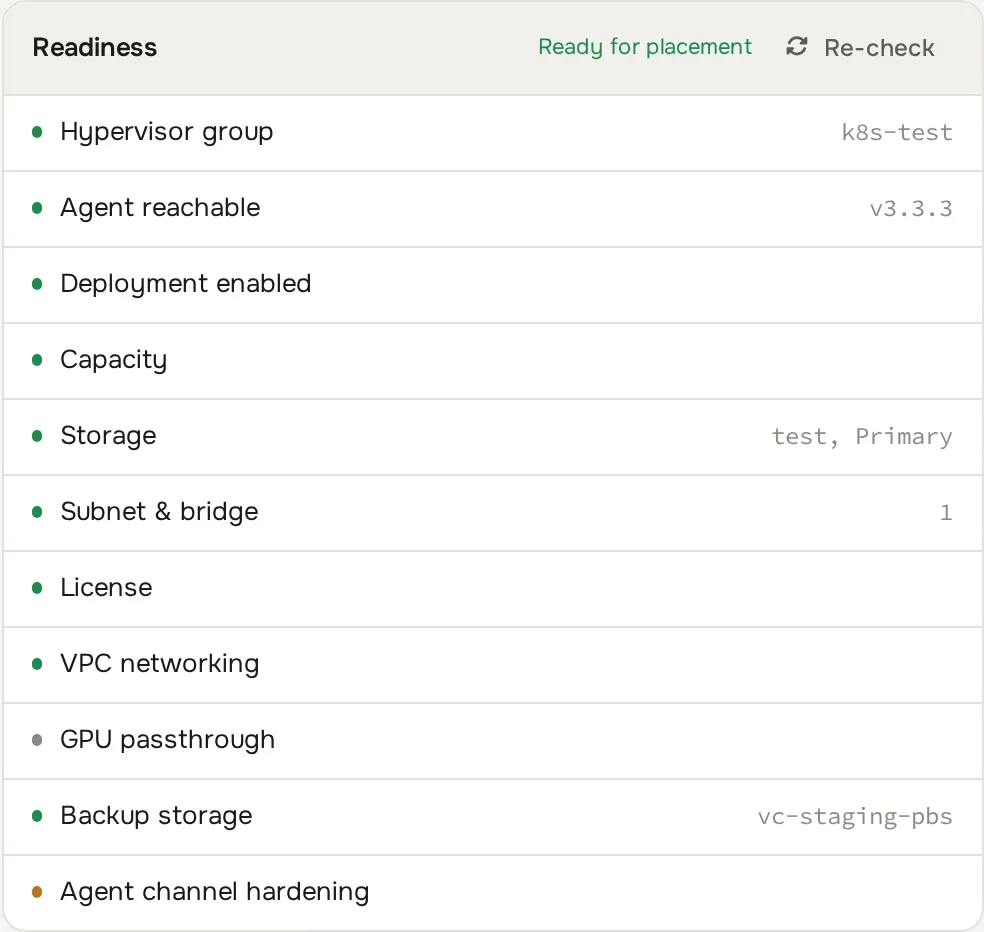 Readiness card with the Agent channel hardening row shown as a warning at the bottom of the list