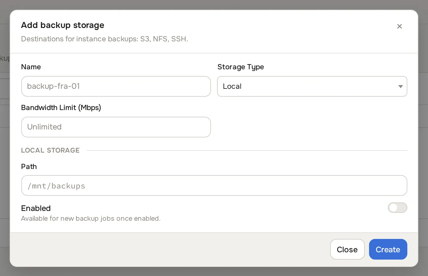Add Backup Storage dialog