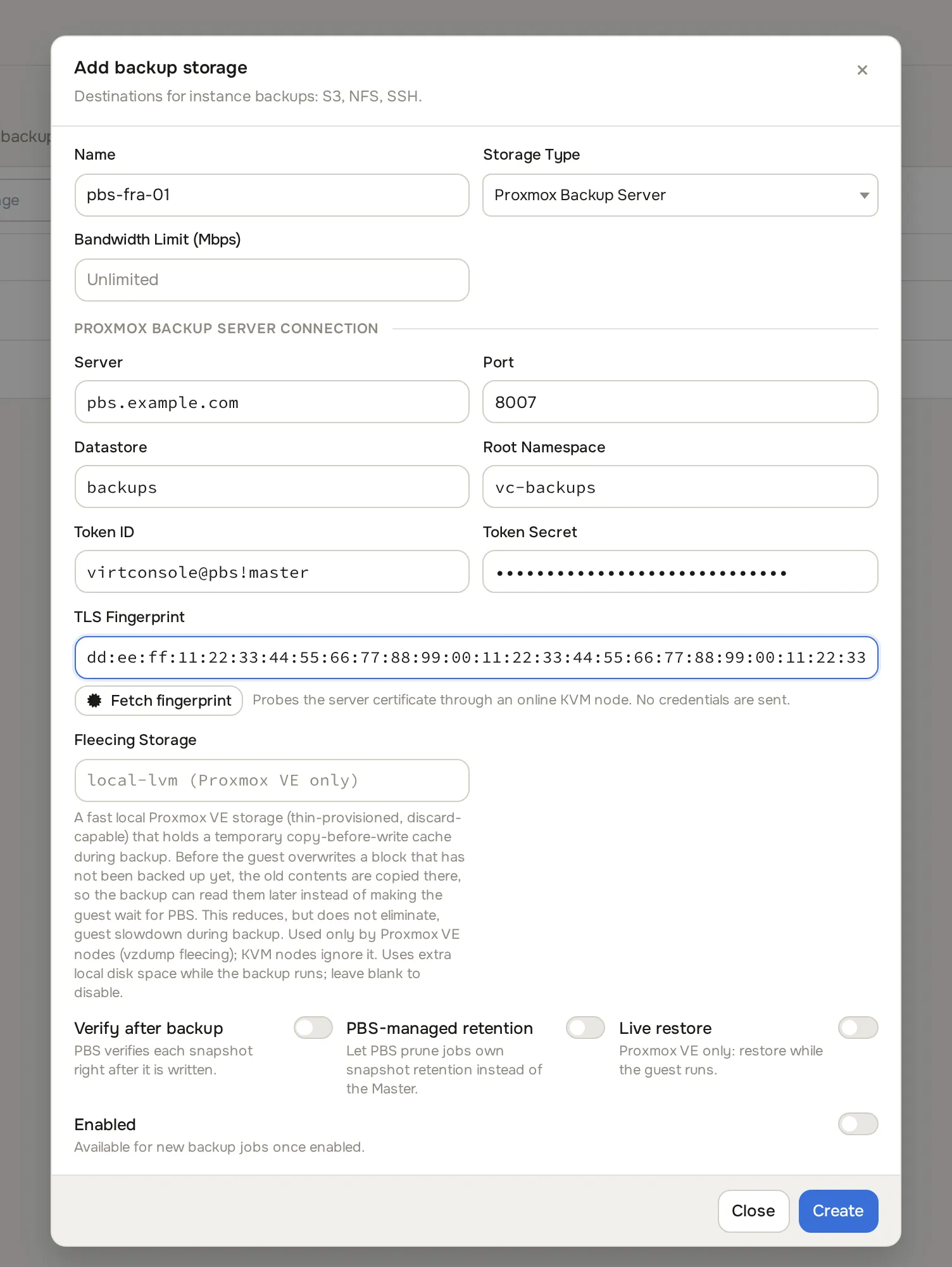 Add Backup Storage dialog with the Proxmox Backup Server storage type selected