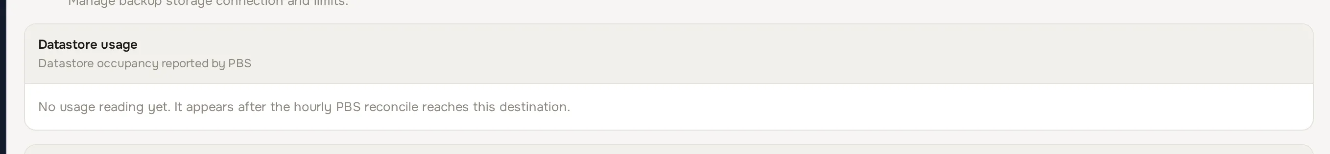 destination detail showing the datastore usage card
