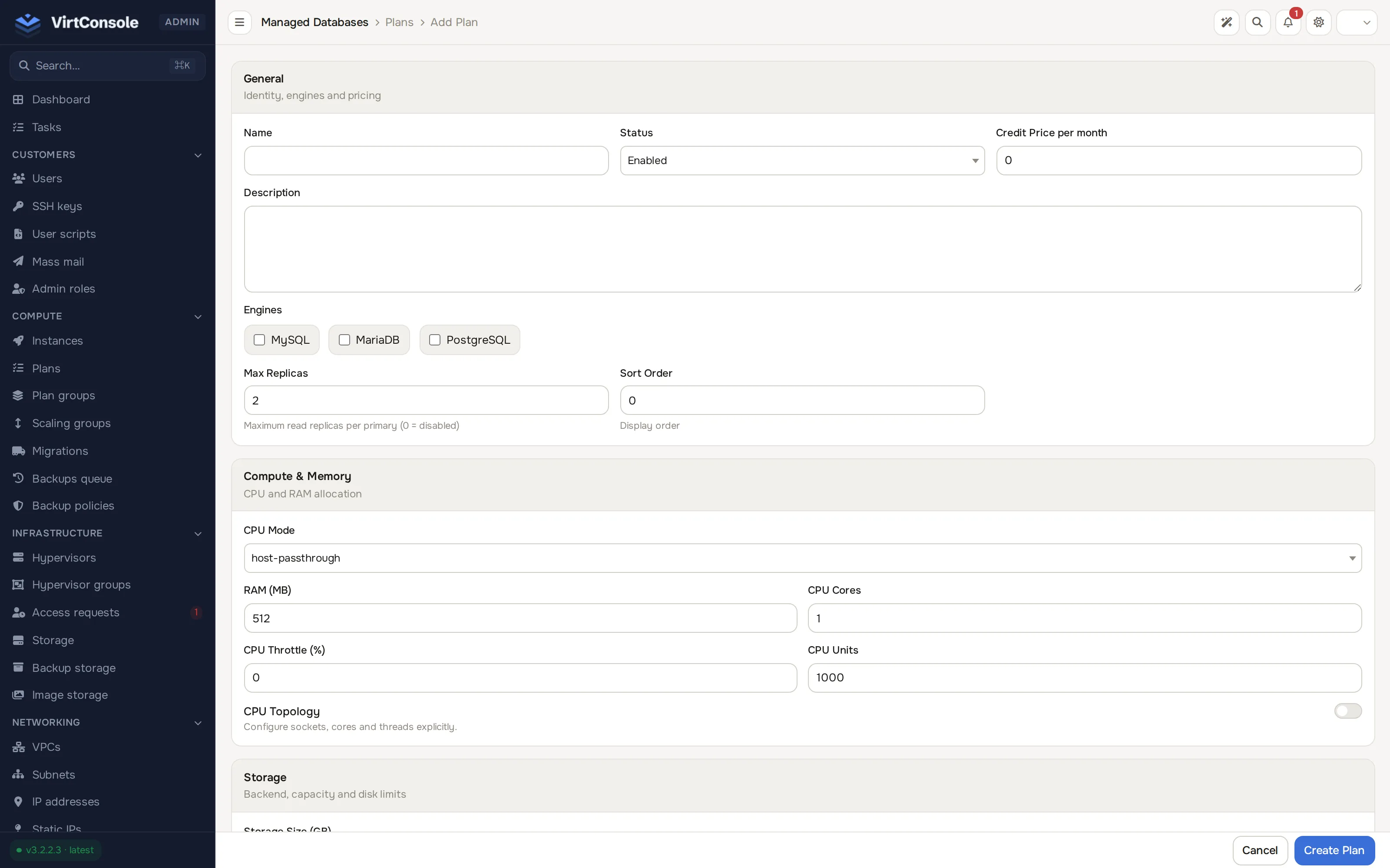 Add Database Plan form