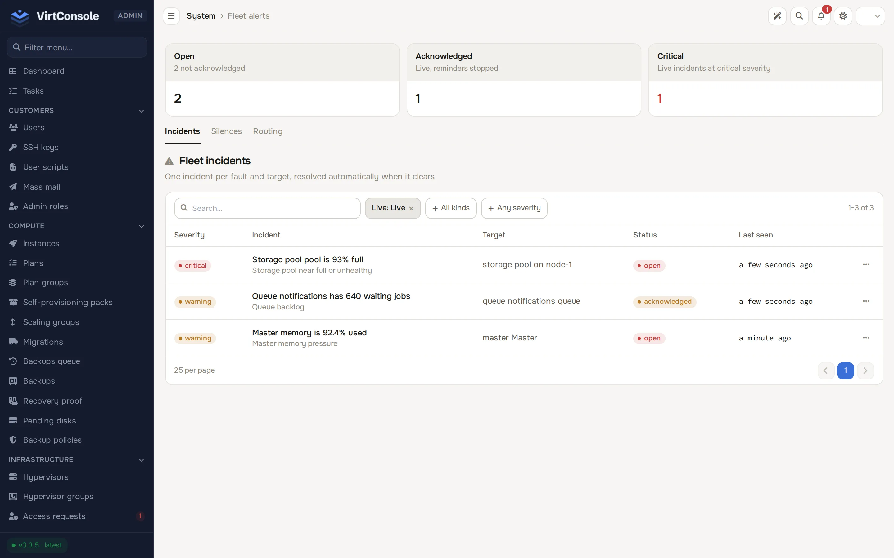 Fleet alerts page, Incidents tab, with open and acknowledged incidents
