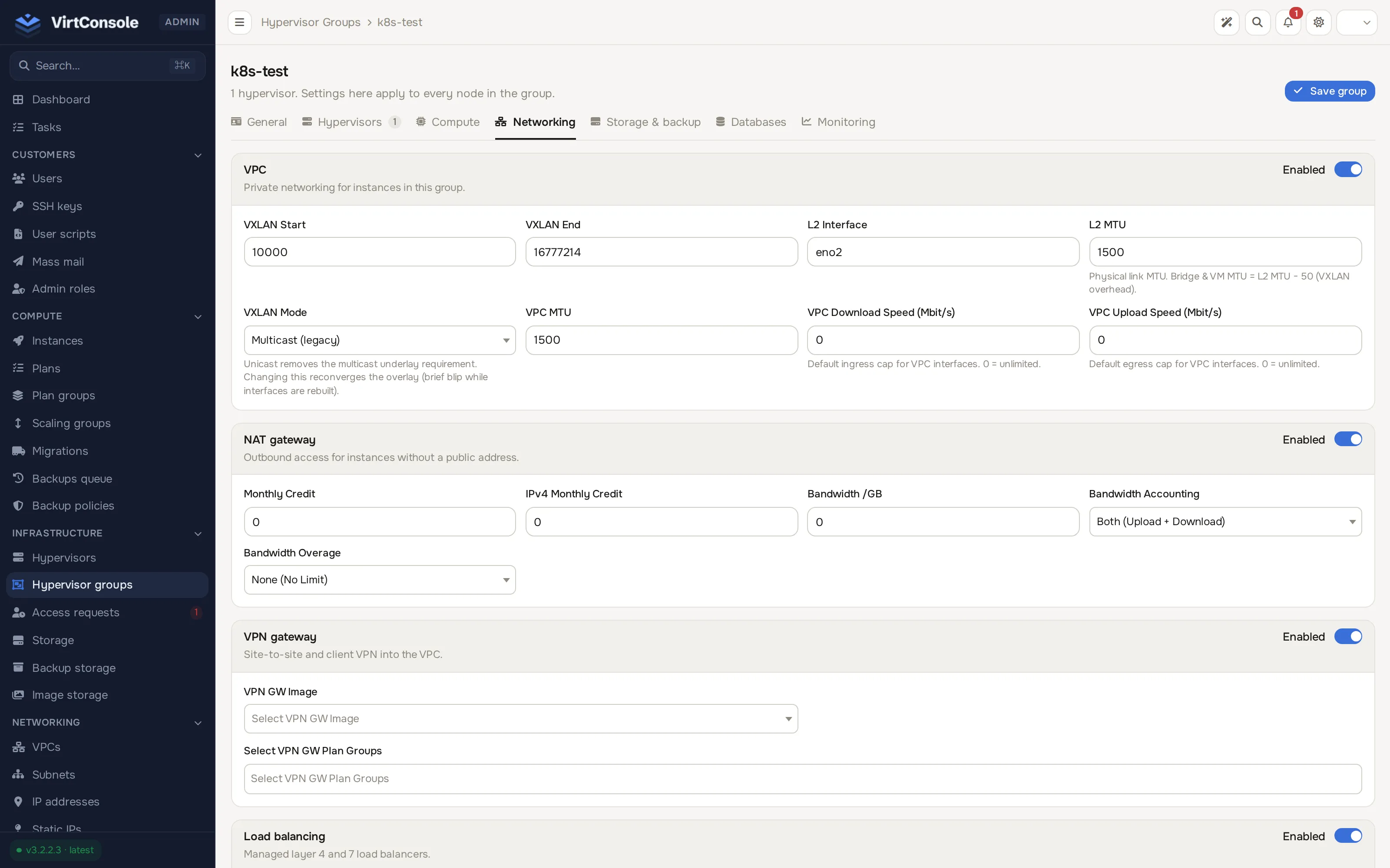 Hypervisor group Networking tab, VPC and NAT gateway sections