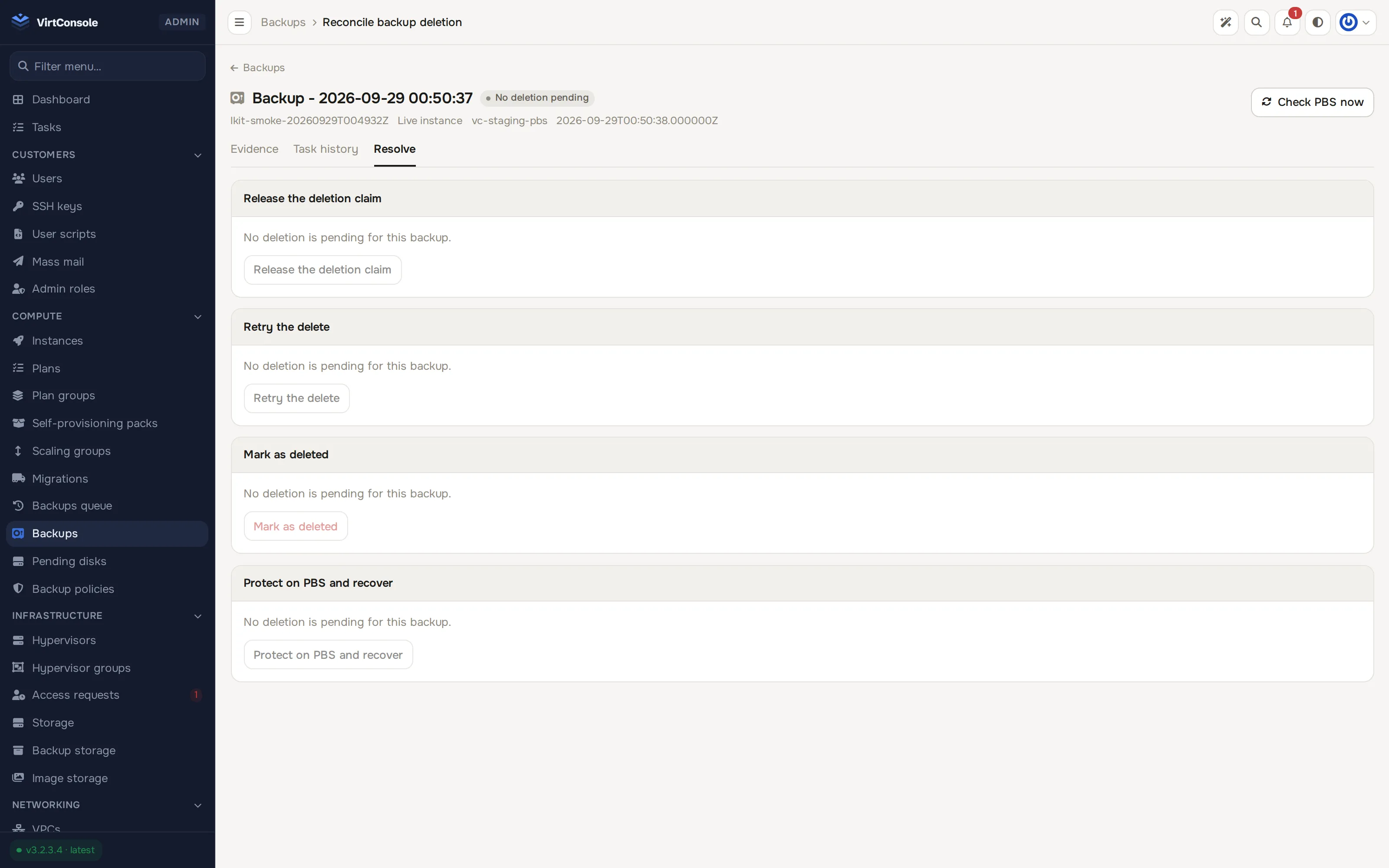 Reconcile backup deletion page, Resolve tab with the four resolution cards