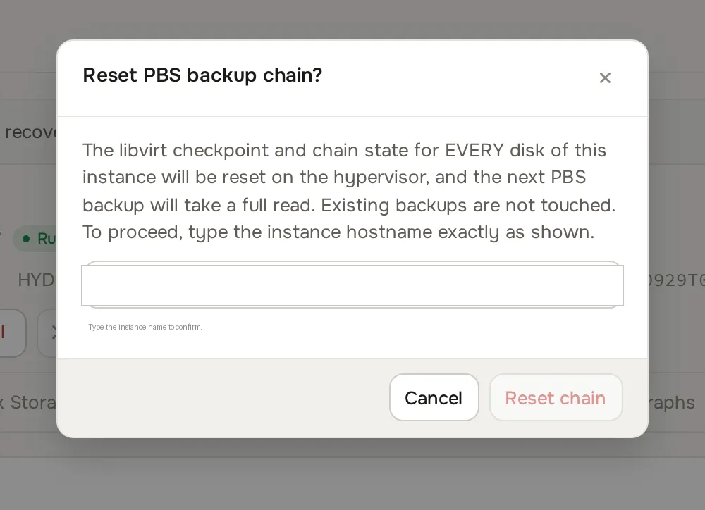 Reset Chain confirmation dialog on the instance Backups tab