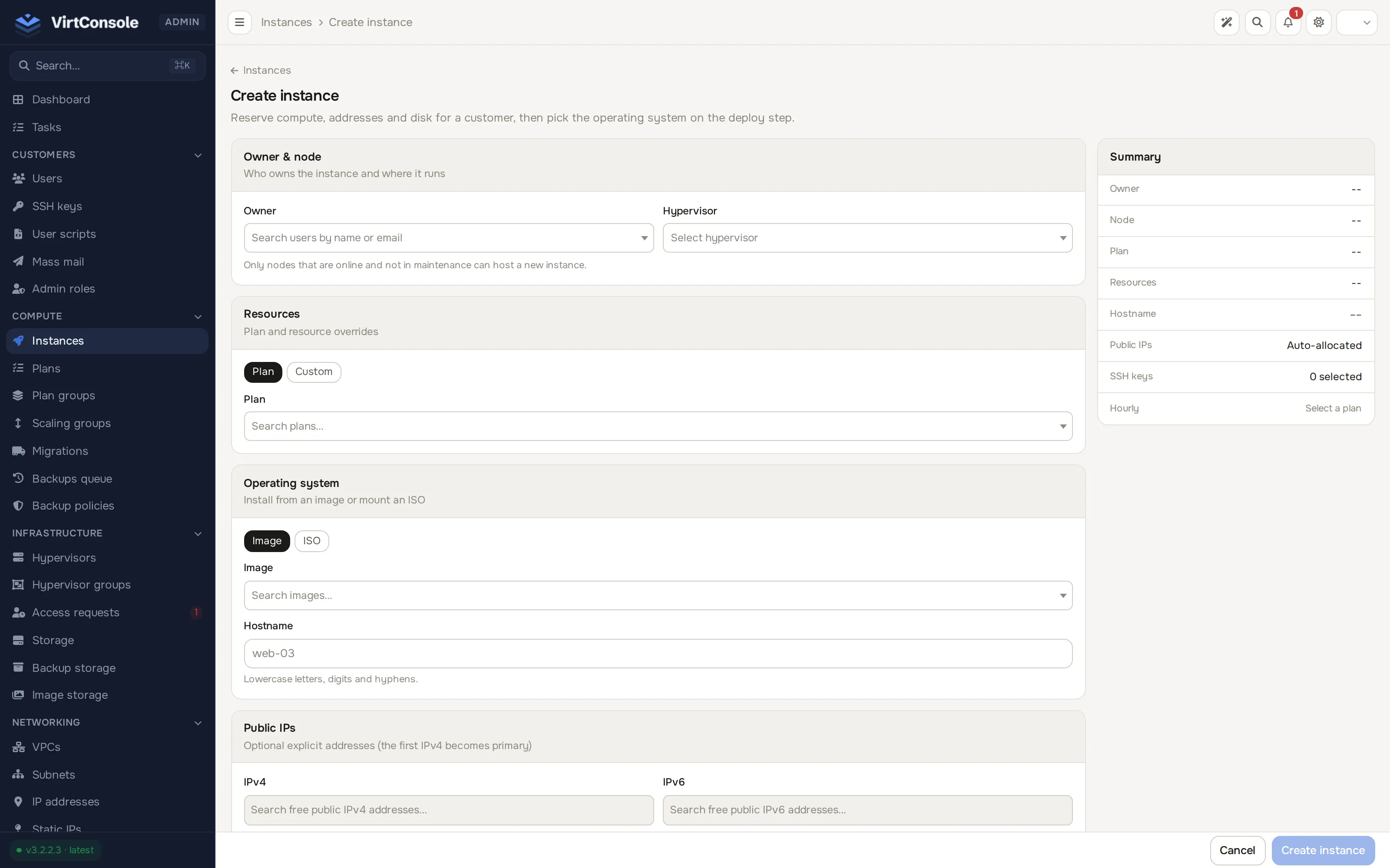 Create instance page
