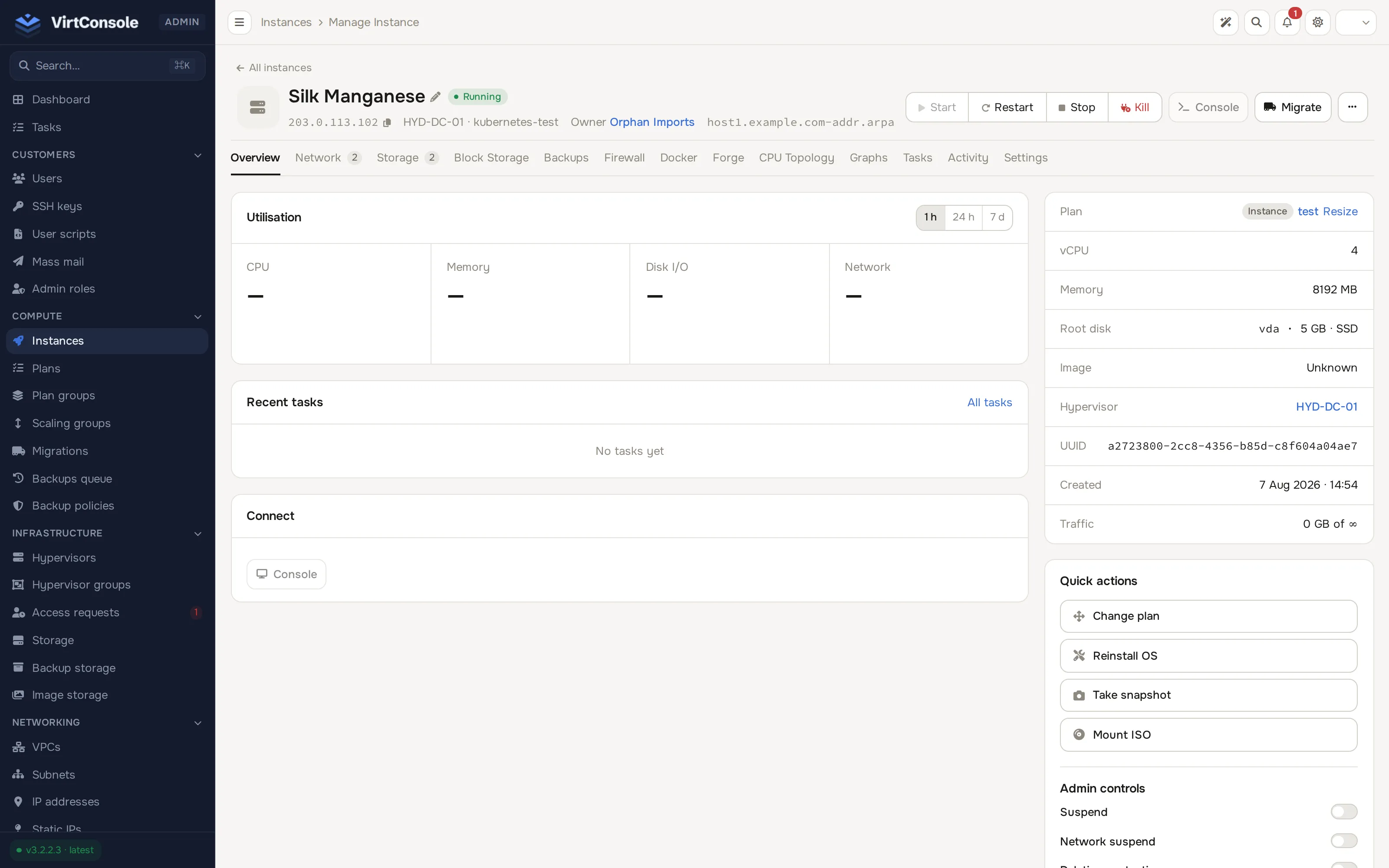 Instance manage page, Overview tab