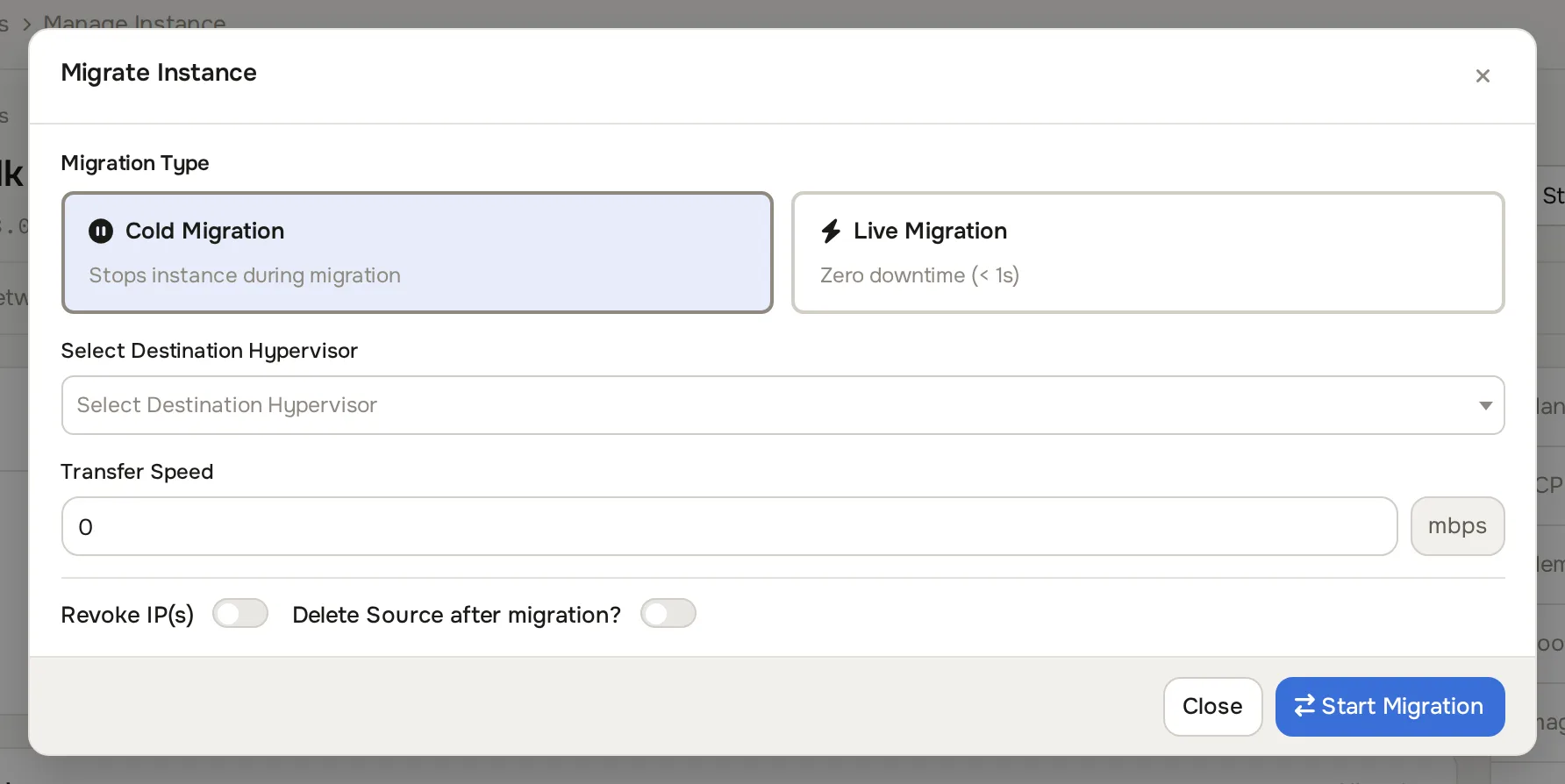 Migrate Instance dialog