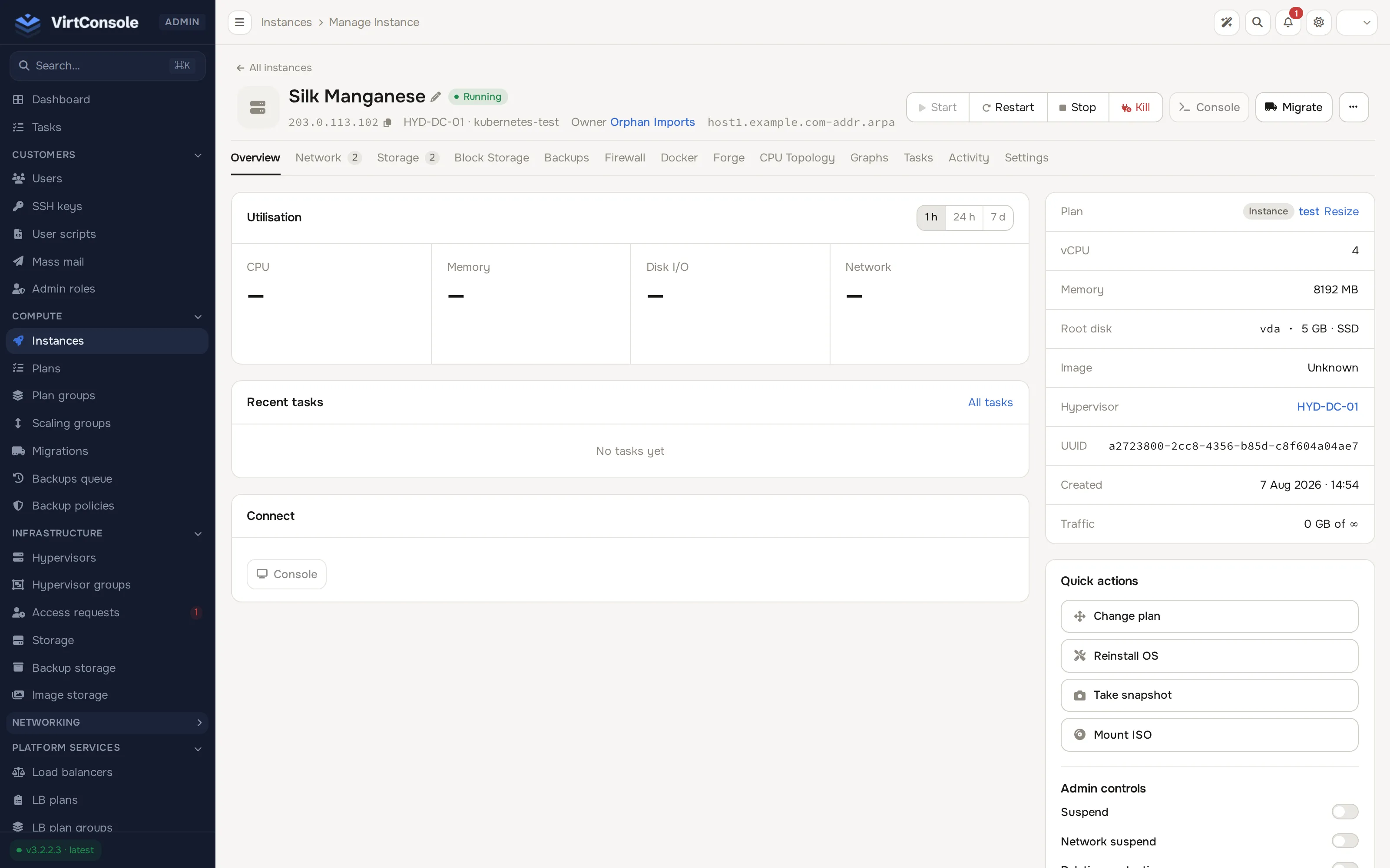 Instance manage page, Network tab