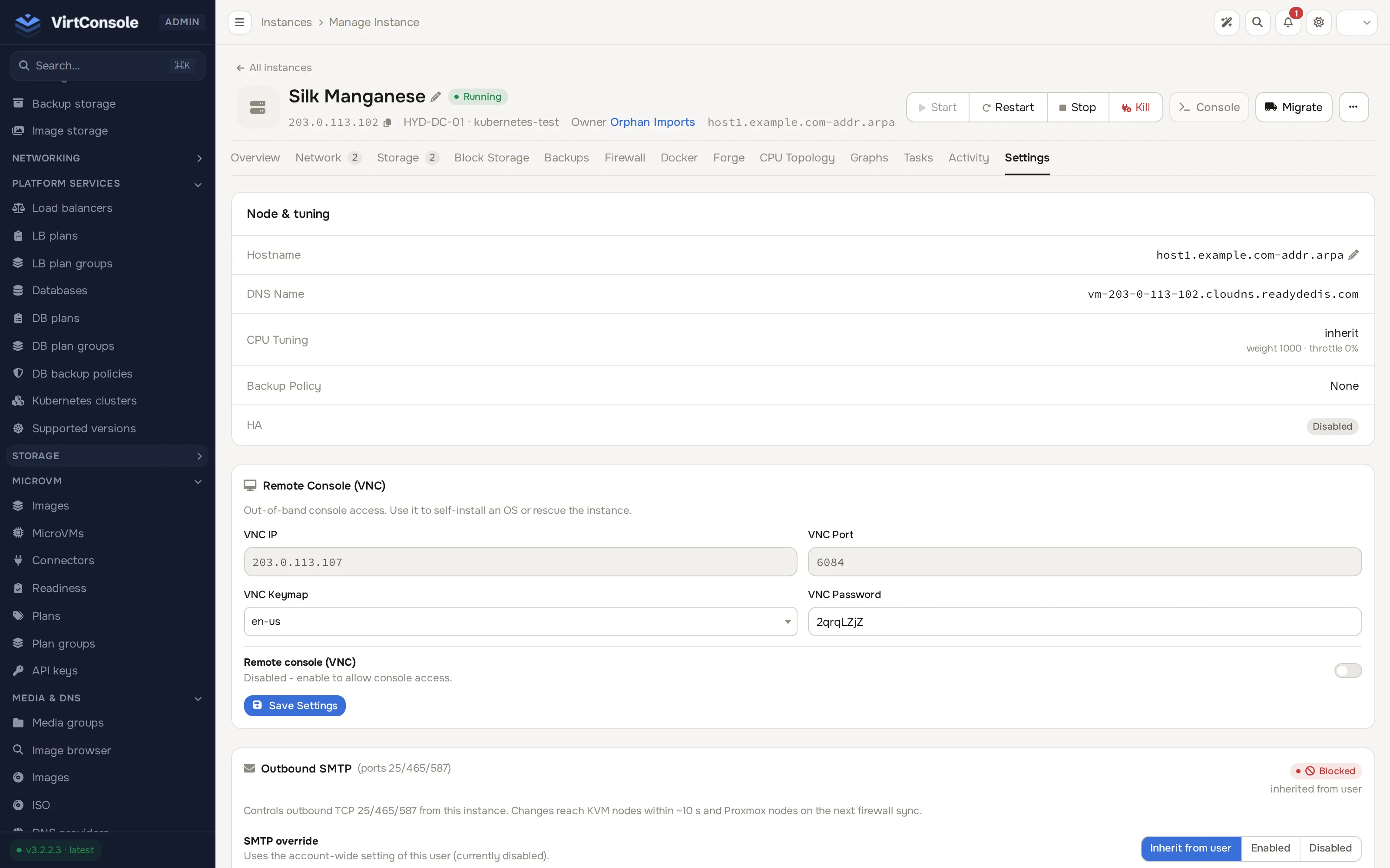 Instance manage page, Storage tab