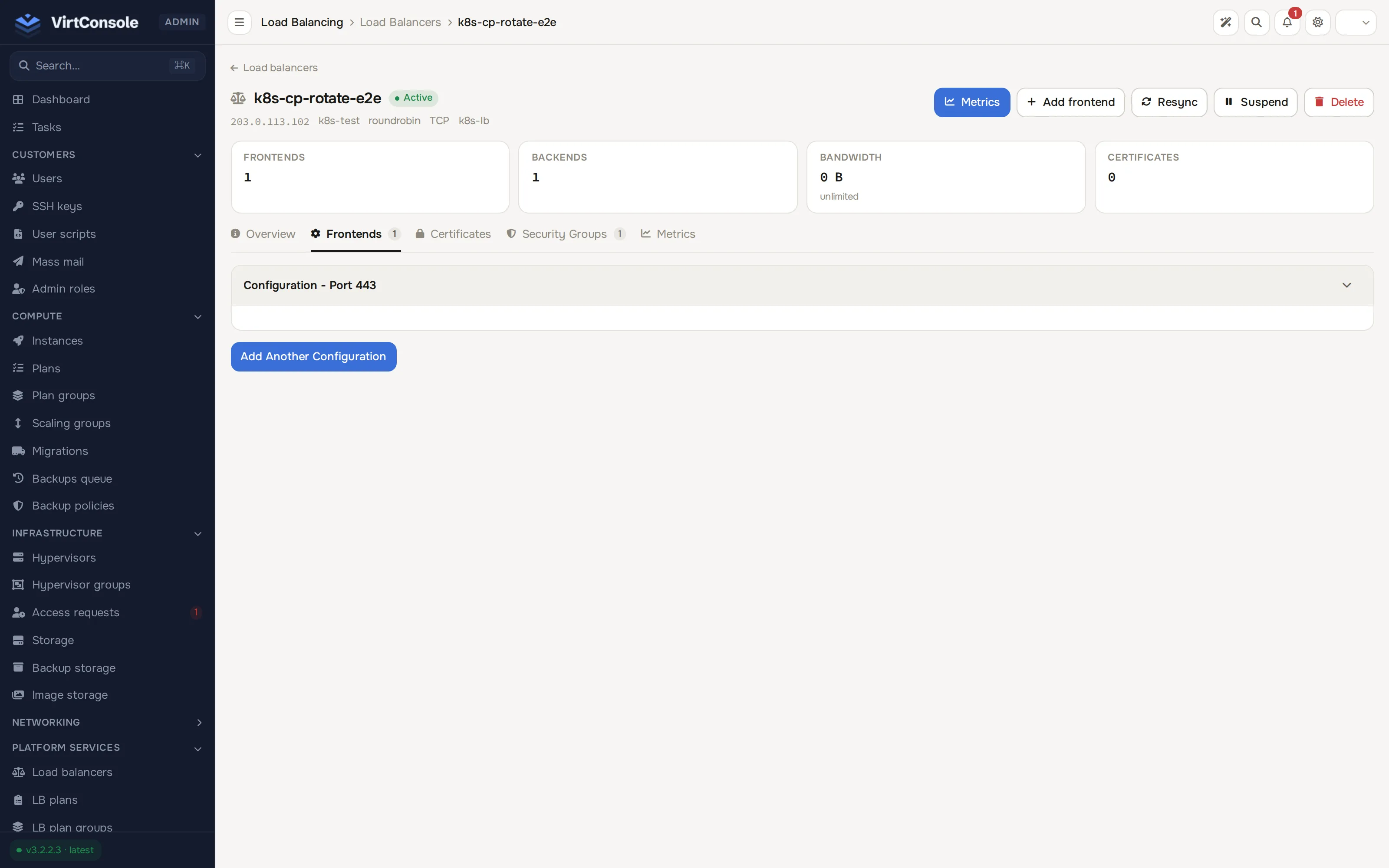 Load balancer detail, Frontends tab