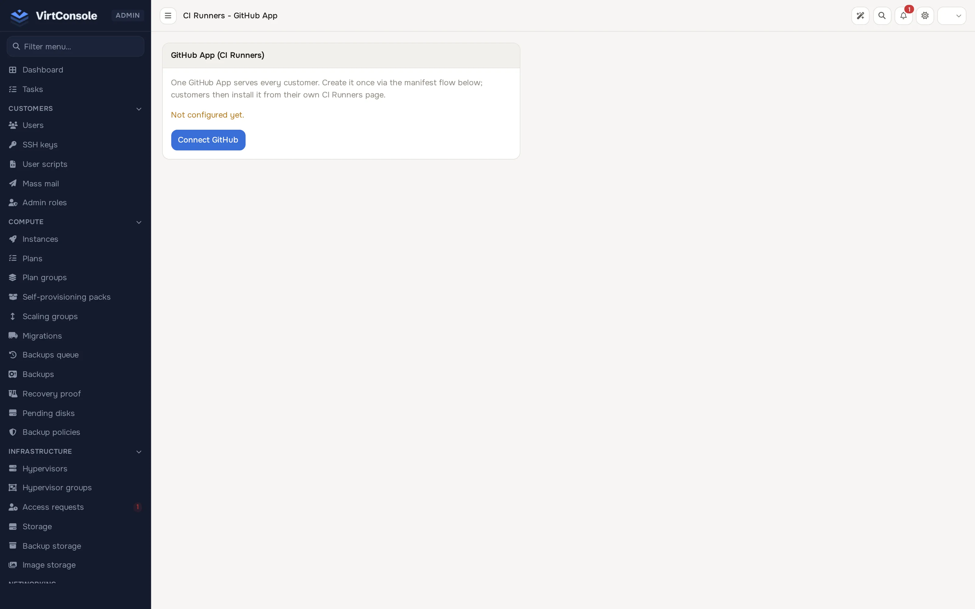 Admin GitHub App settings for CI runners, before setup