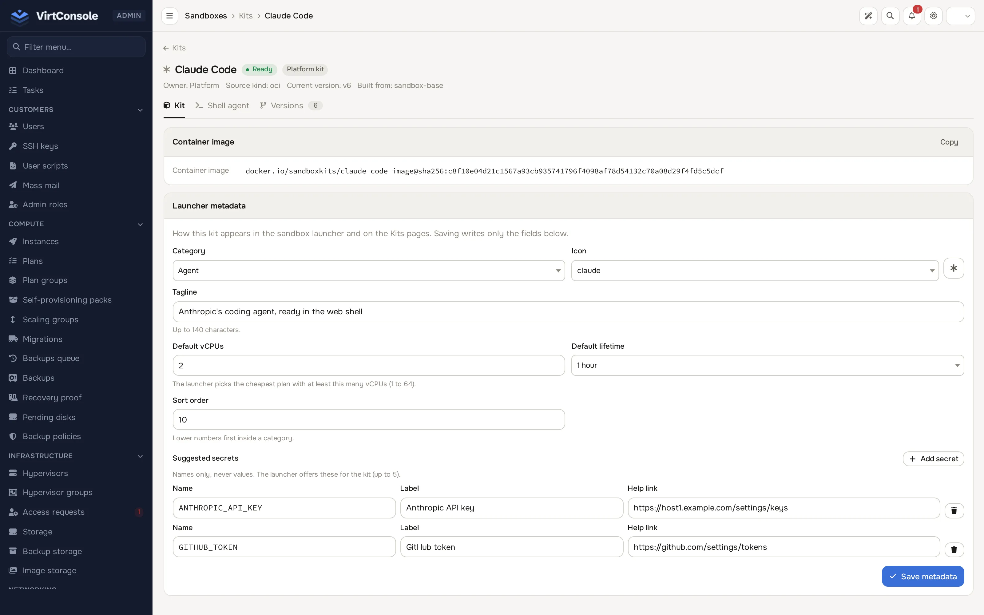 Admin kit detail page