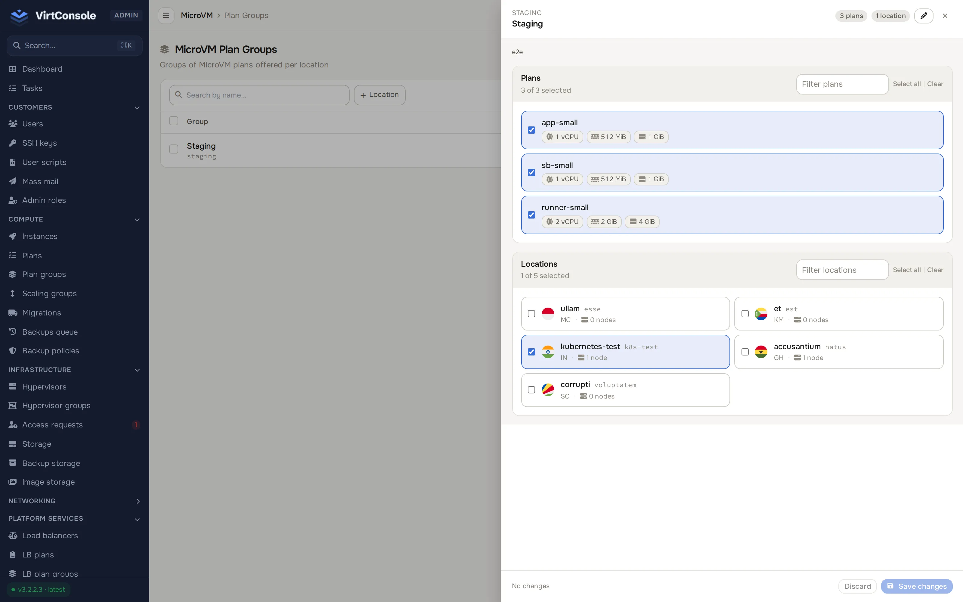 Plan group editor with plans and locations cards
