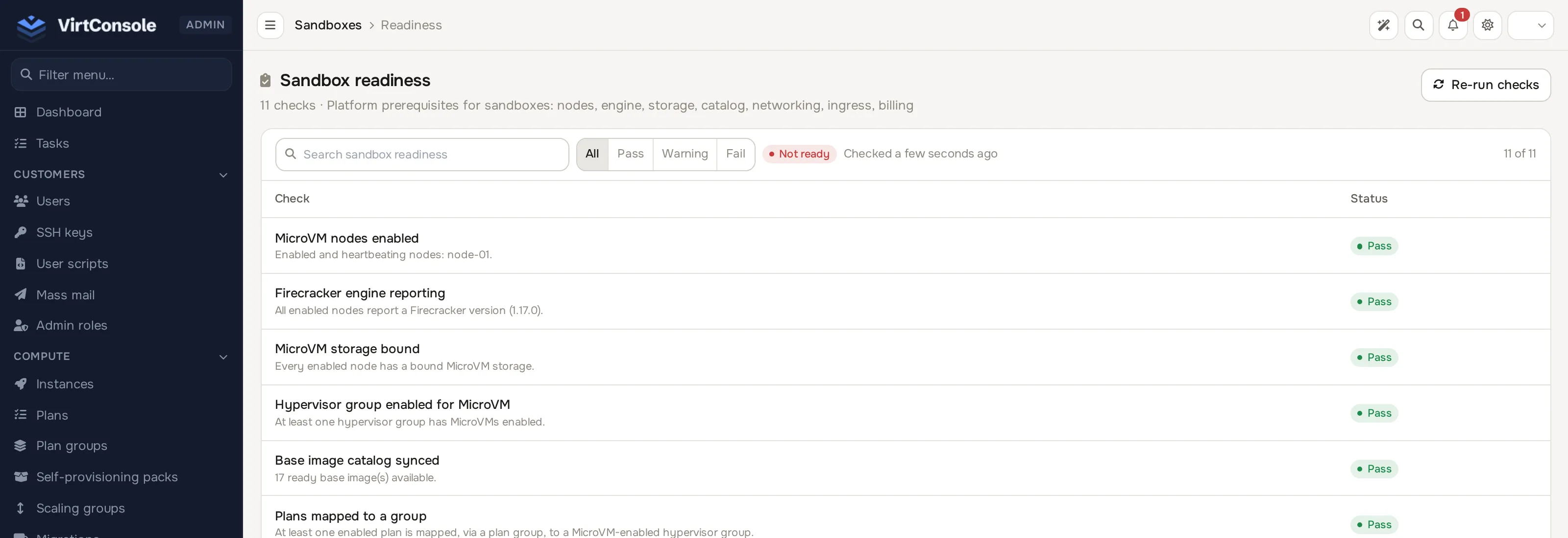 Sandbox Readiness page