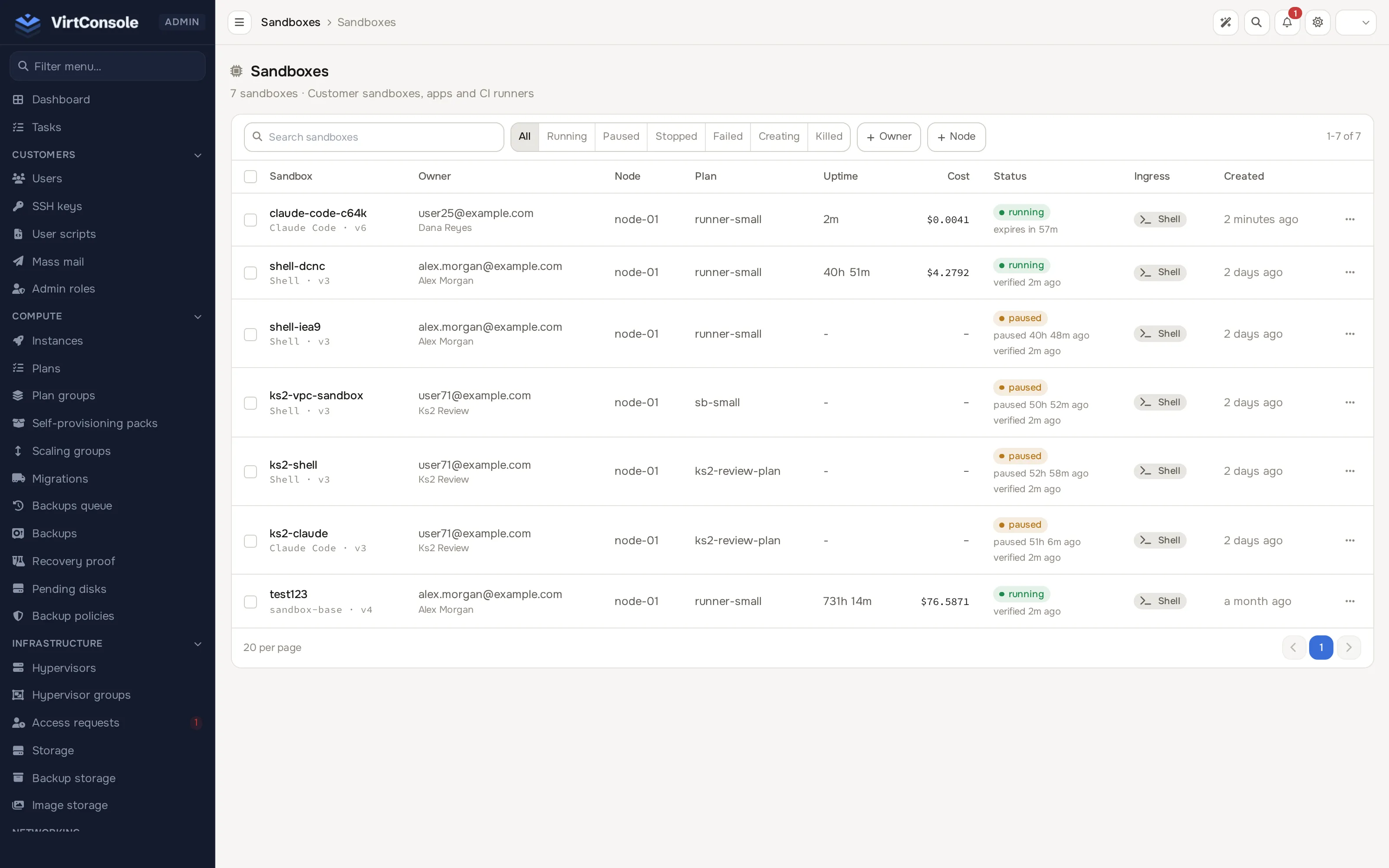 Admin sandboxes list