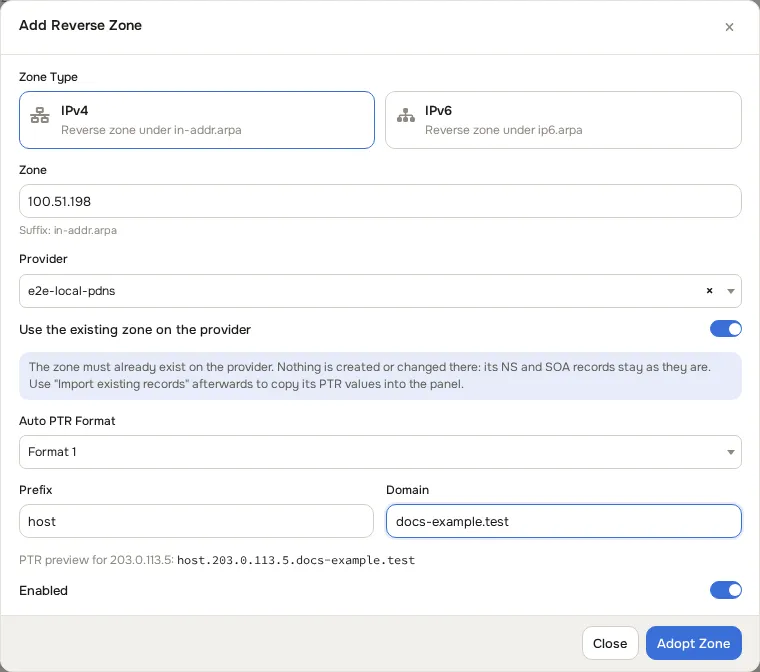Add Reverse Zone dialog with Use the existing zone on the provider switched on