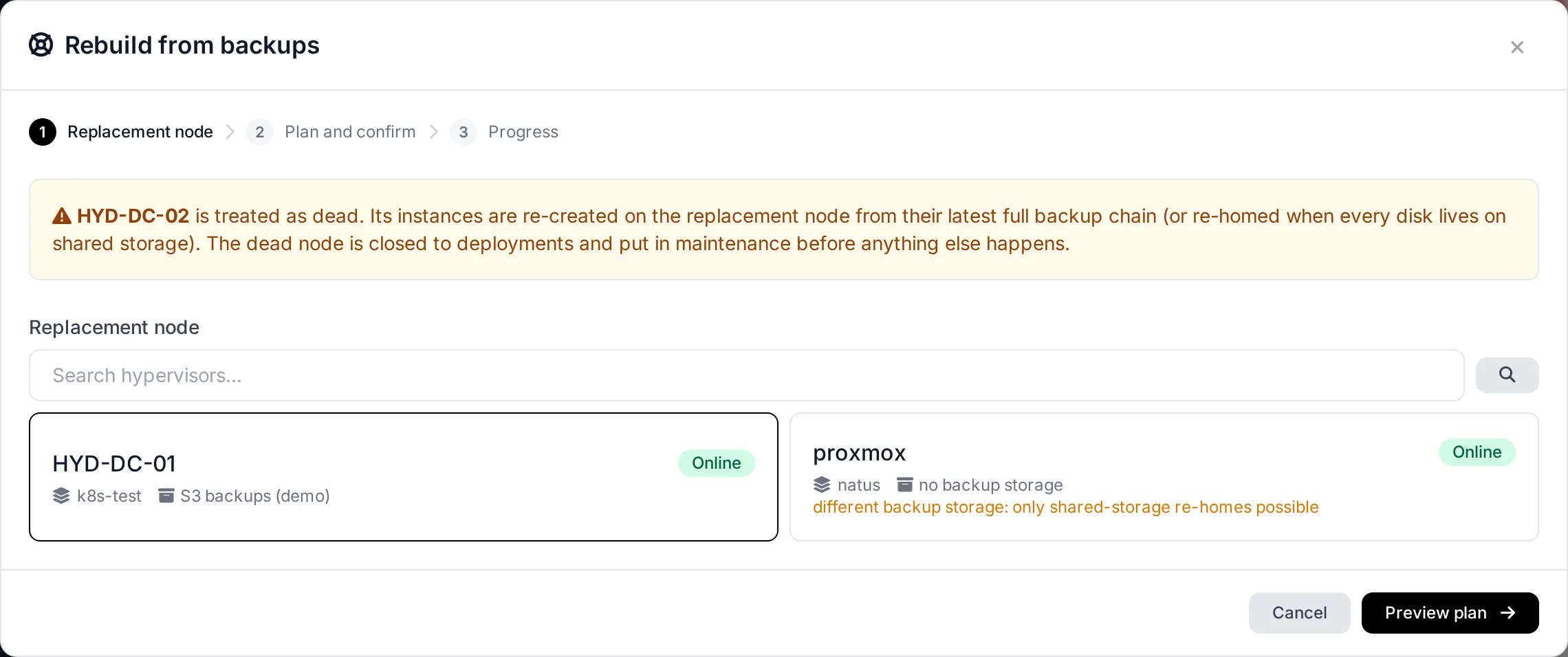 Rebuild from backups: choose the replacement node
