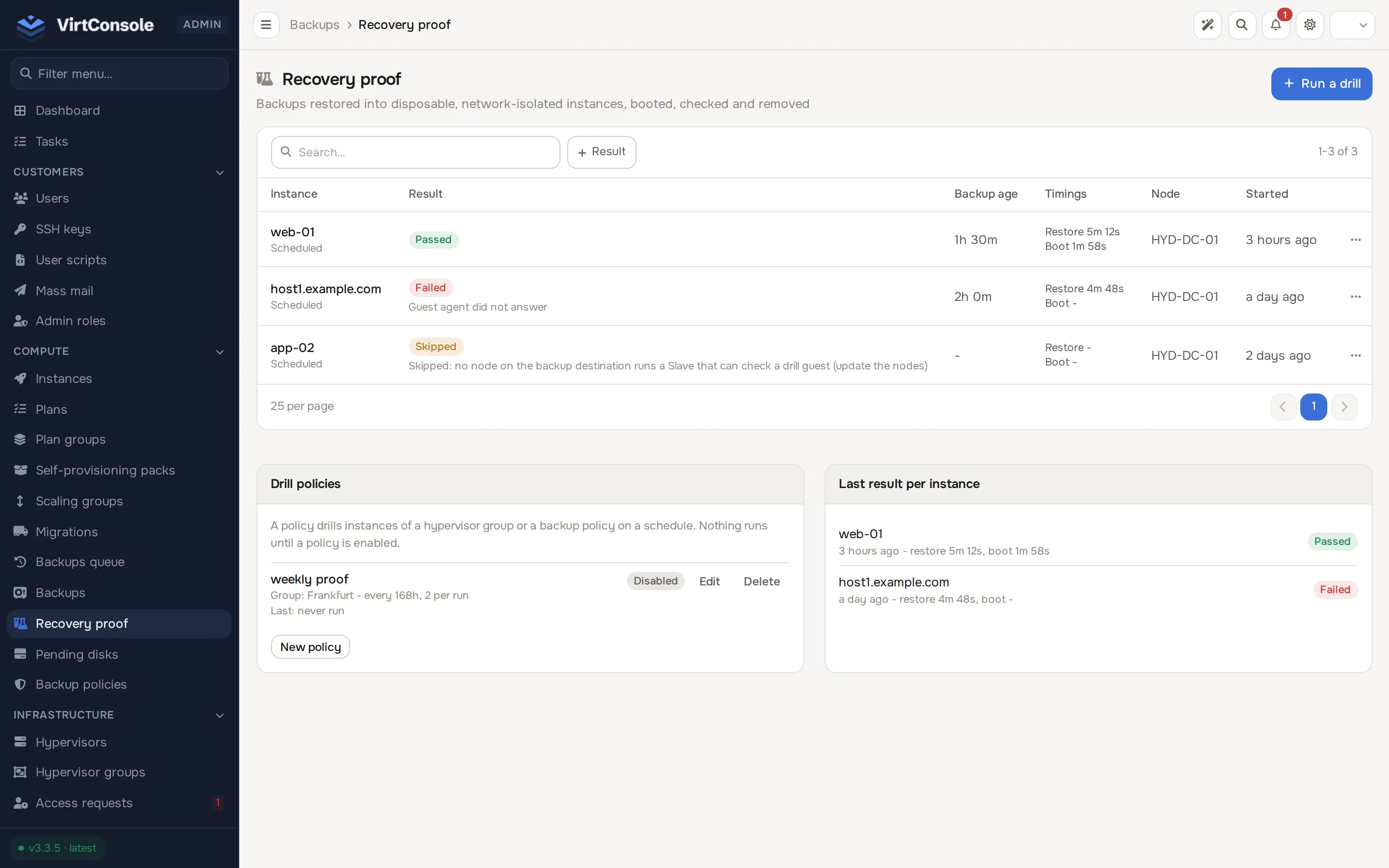 Recovery proof page with the drill list, drill policies and the last result per instance
