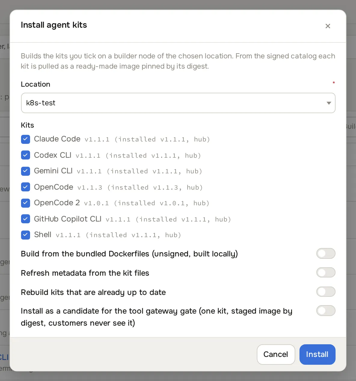Install agent kits modal