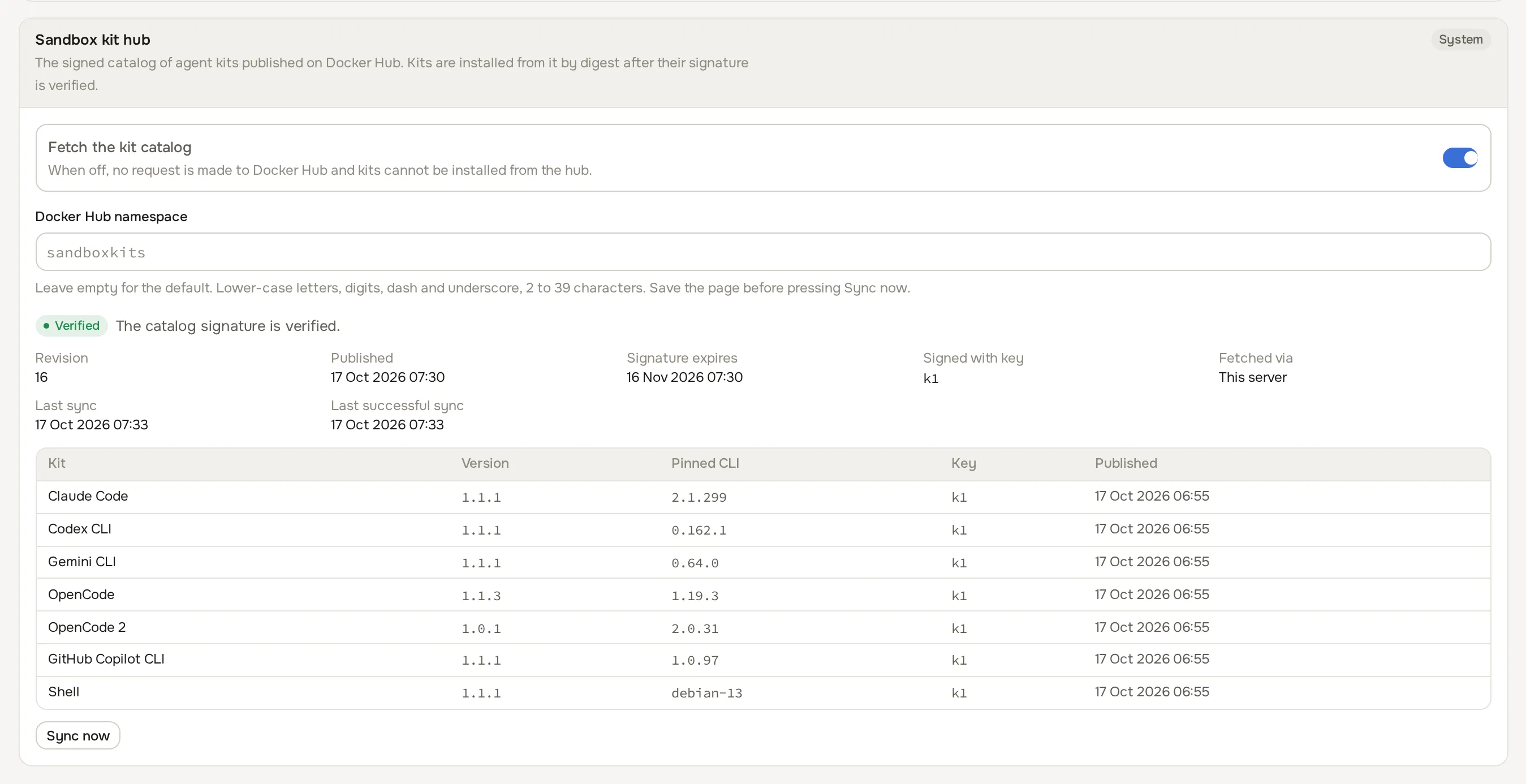 Sandbox kit hub card in system settings