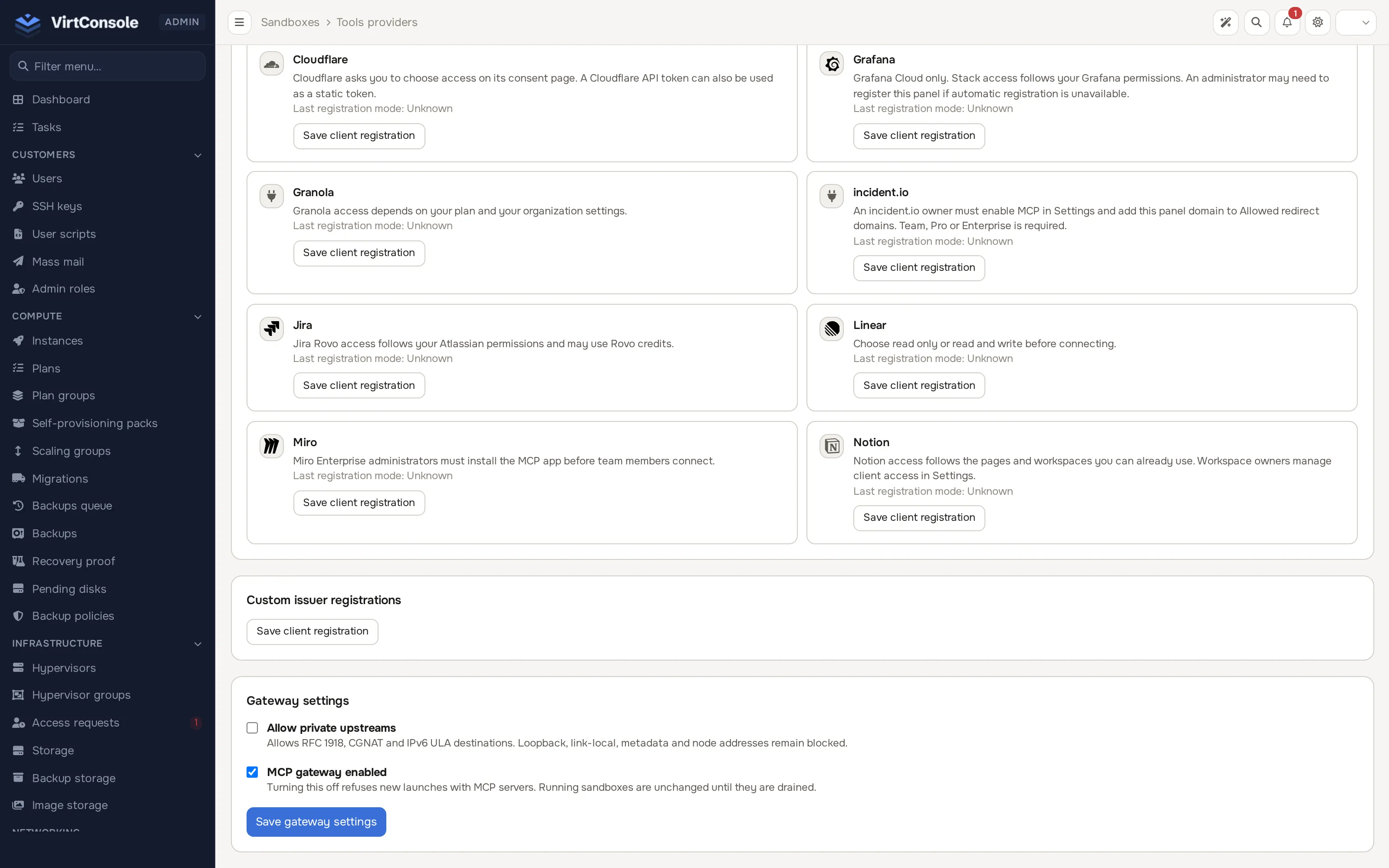 Tools providers page with the Gateway settings card