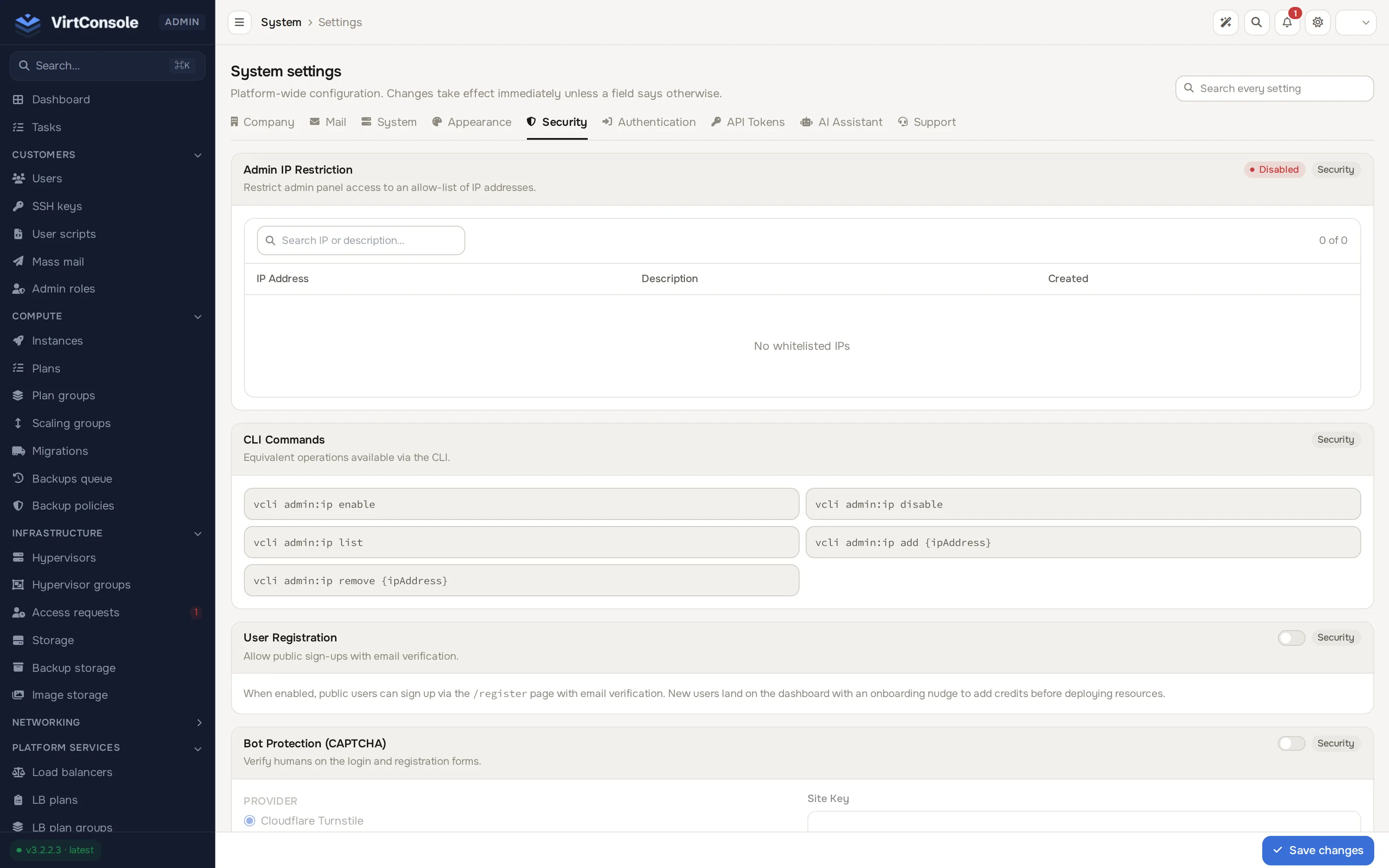 Settings, Security tab