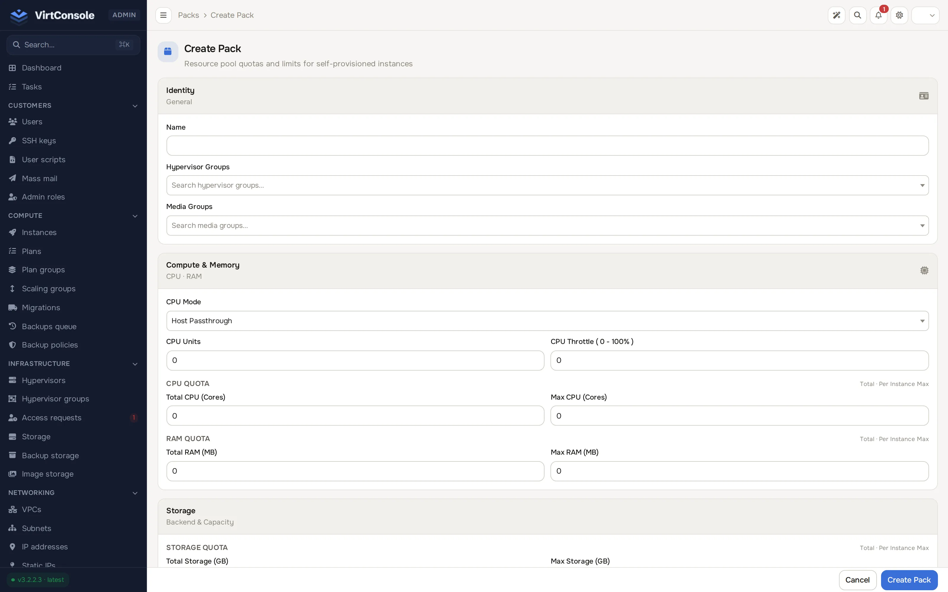 Self-Provisioning pack create form