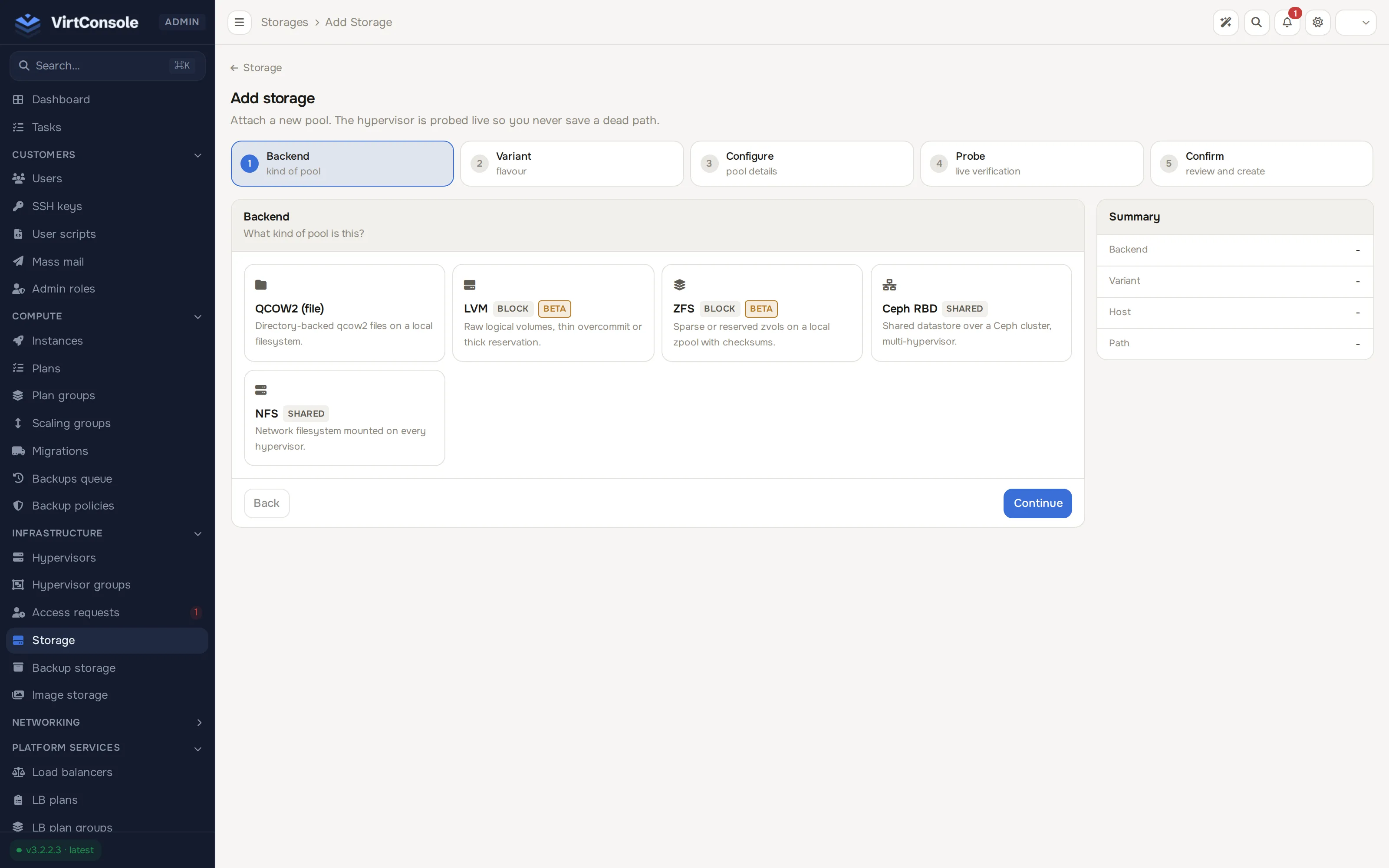 Storage wizard: choose a backend