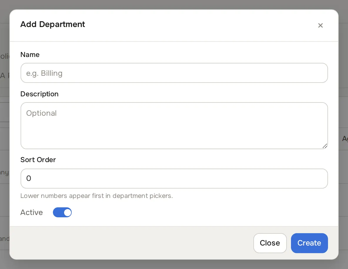 Add Department dialog