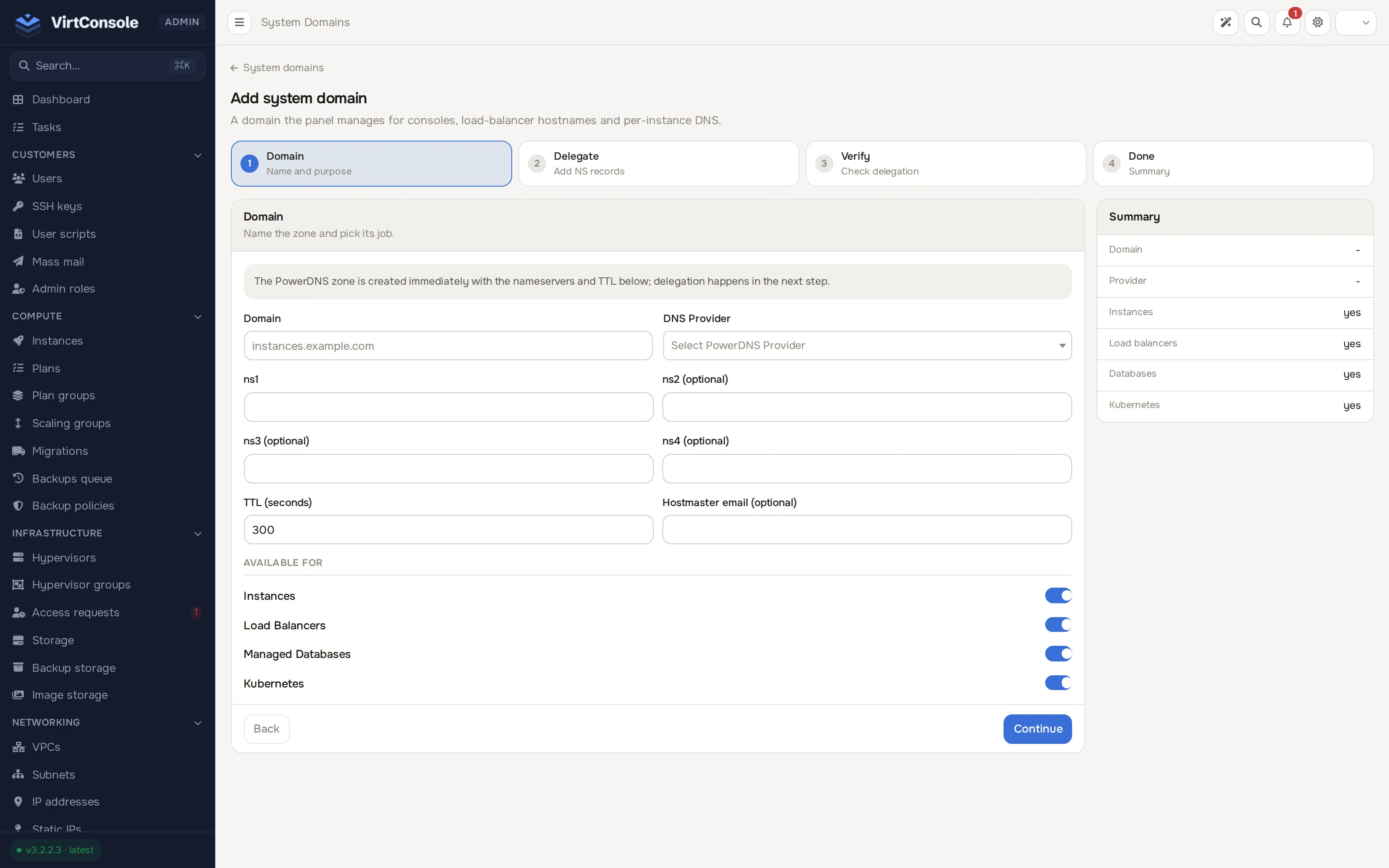 System domain wizard, step 1