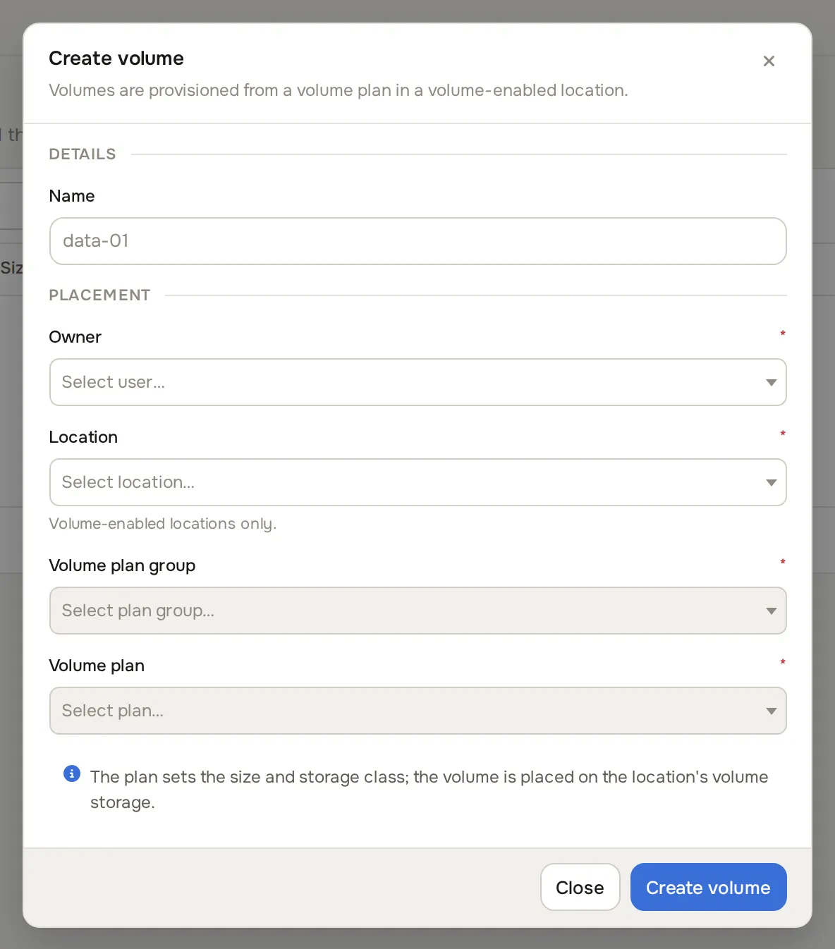 Create volume dialog
