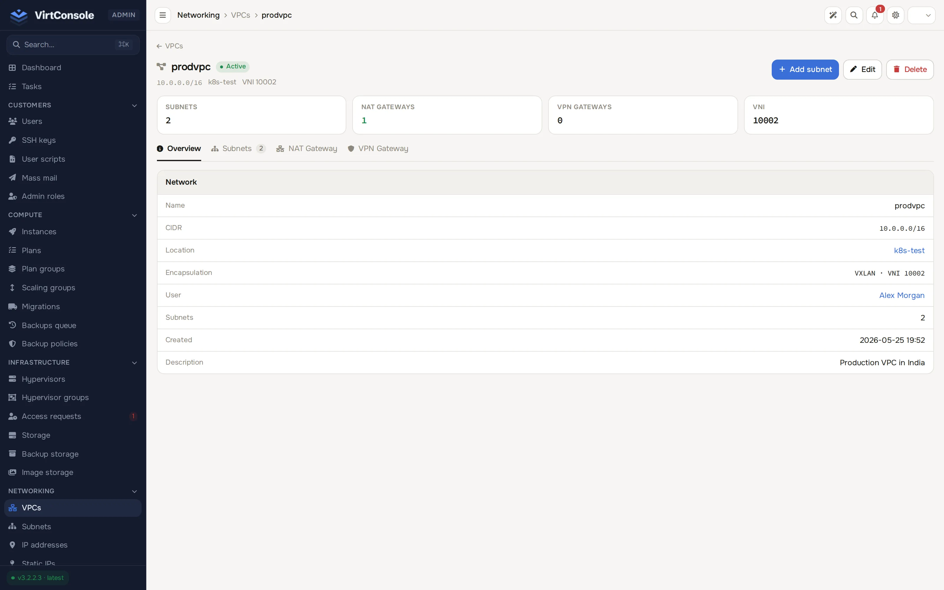 VPC detail page