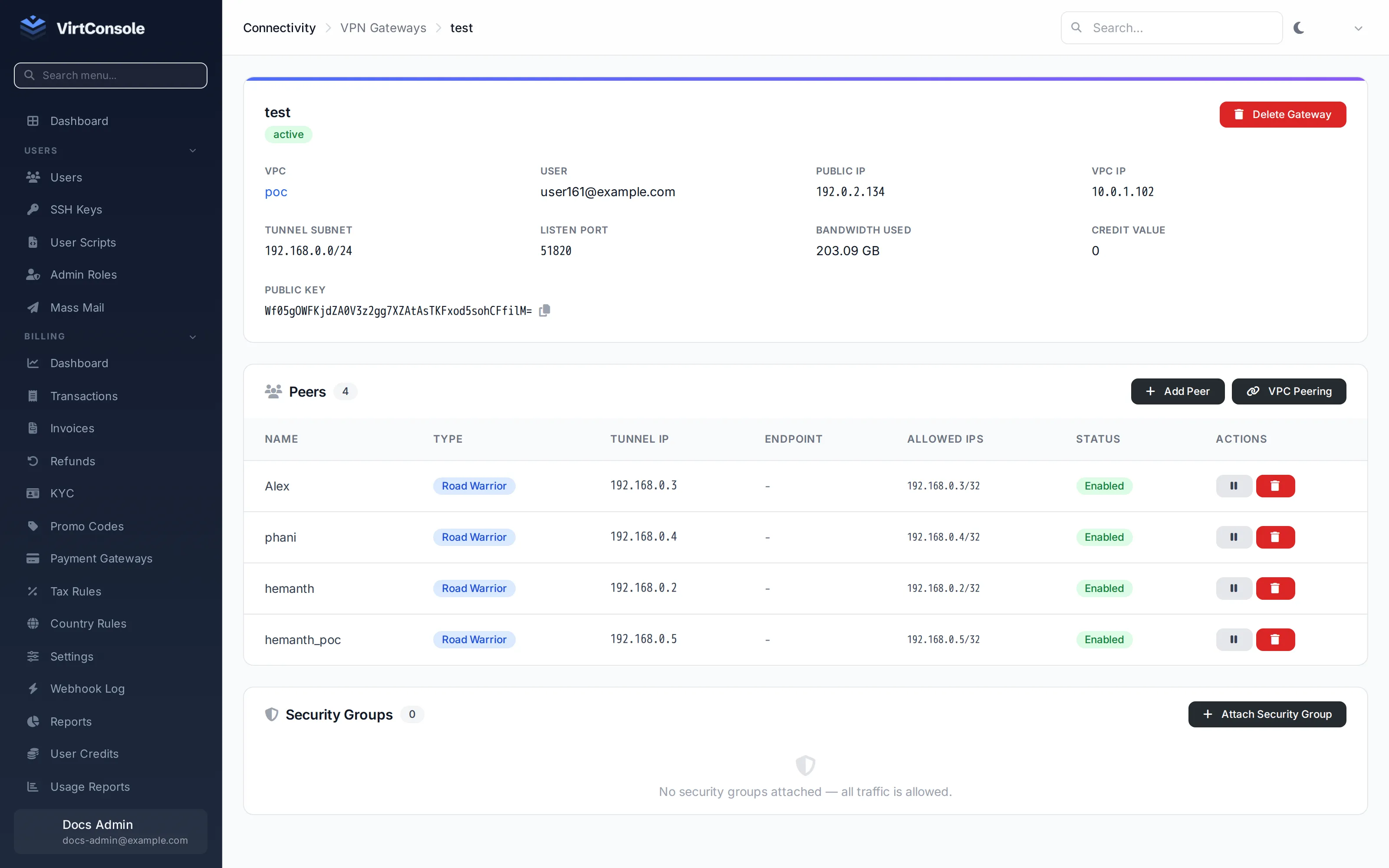 VPN gateway detail page