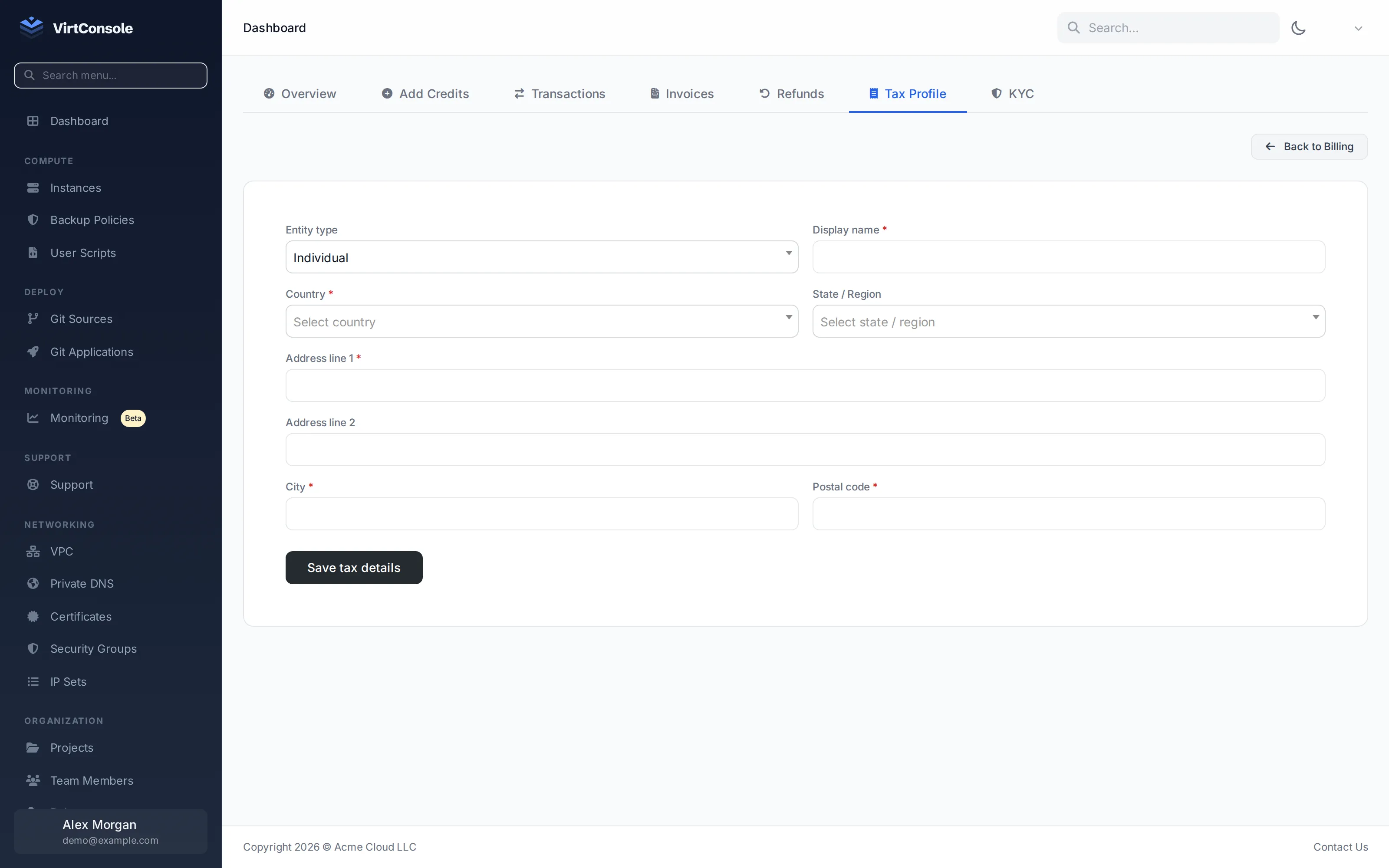 Tax profile page