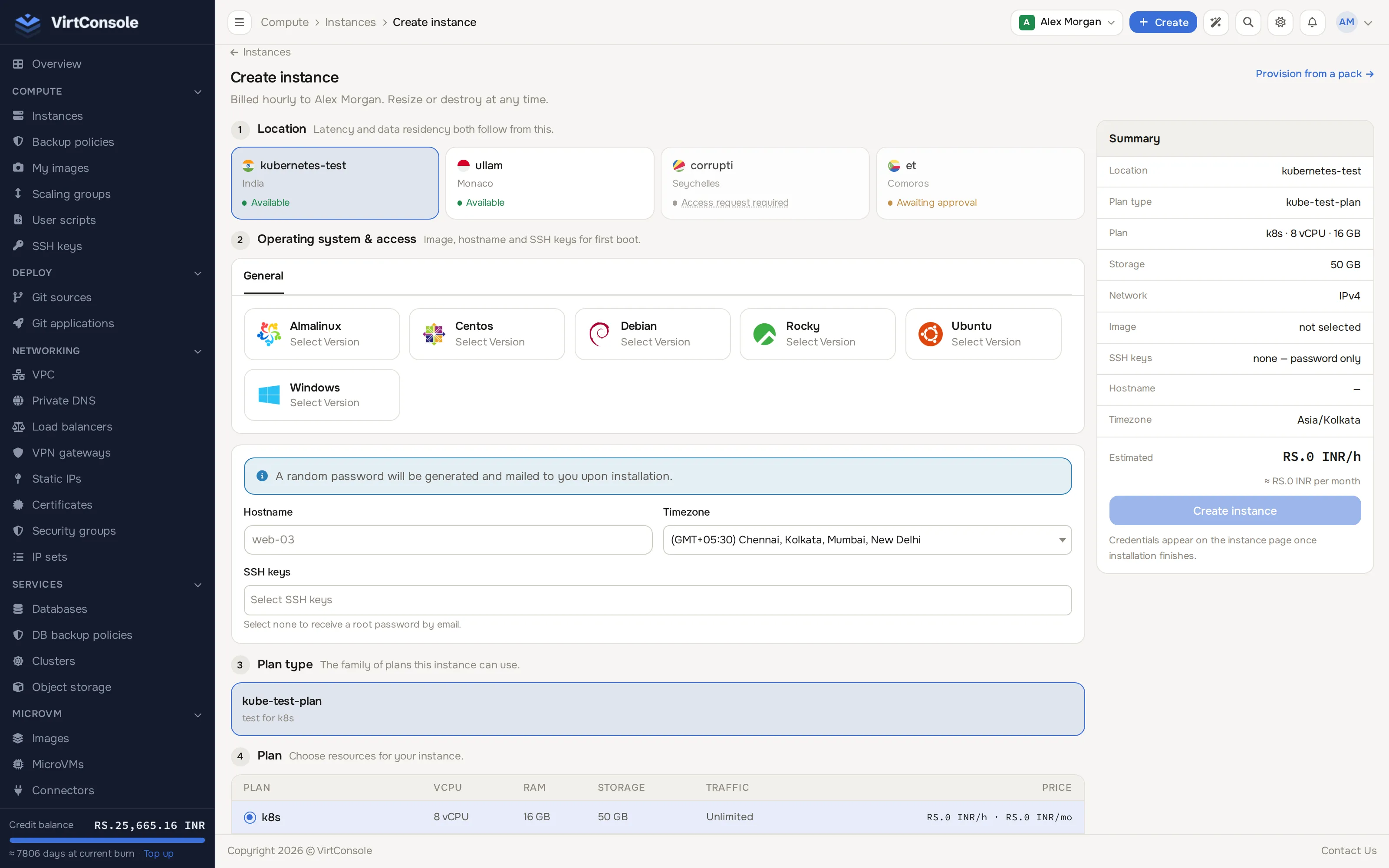 Create instance page with a plan selected and the Summary card populated