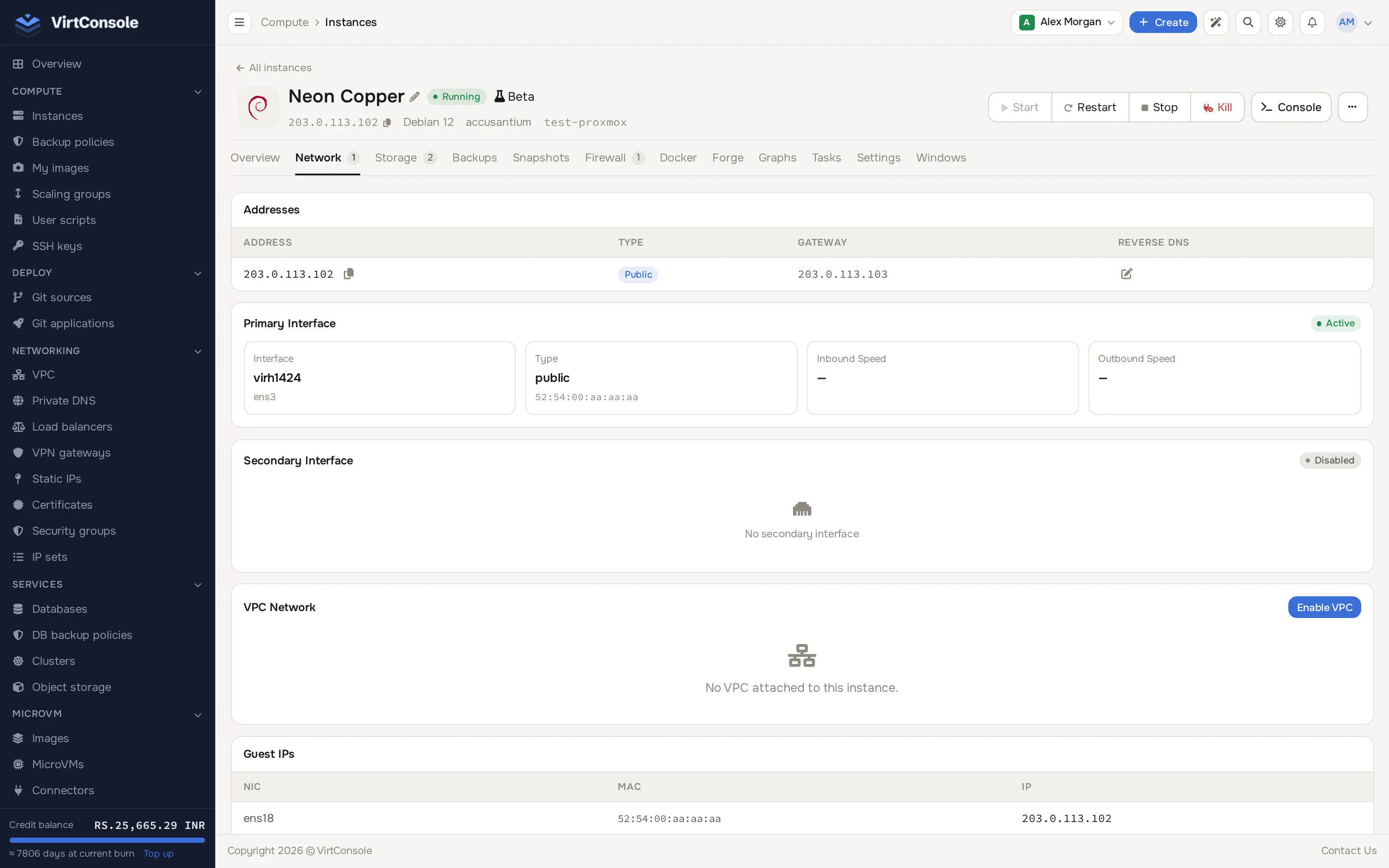 Instance Networking section