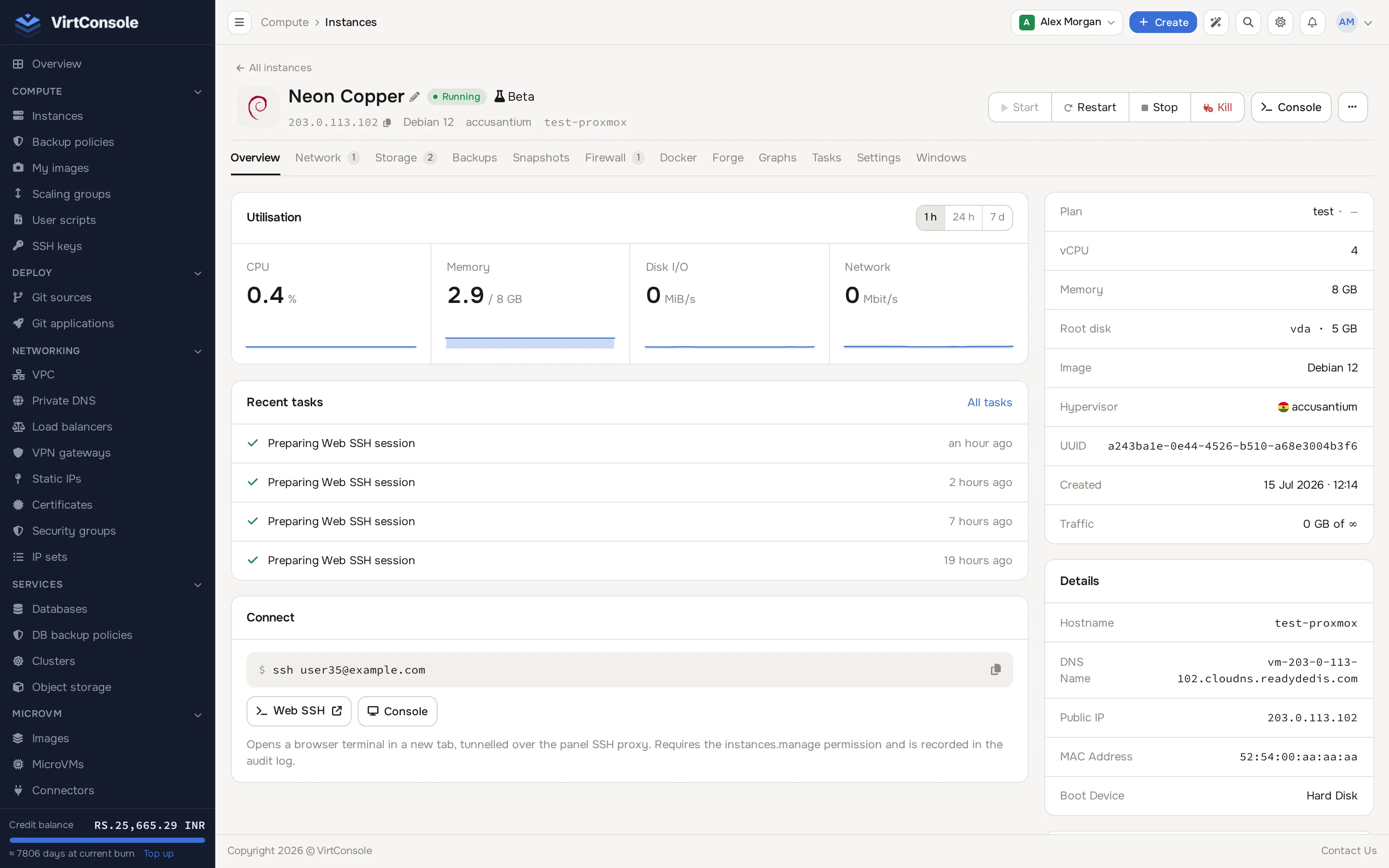 Running instance overview with the Web SSH button
