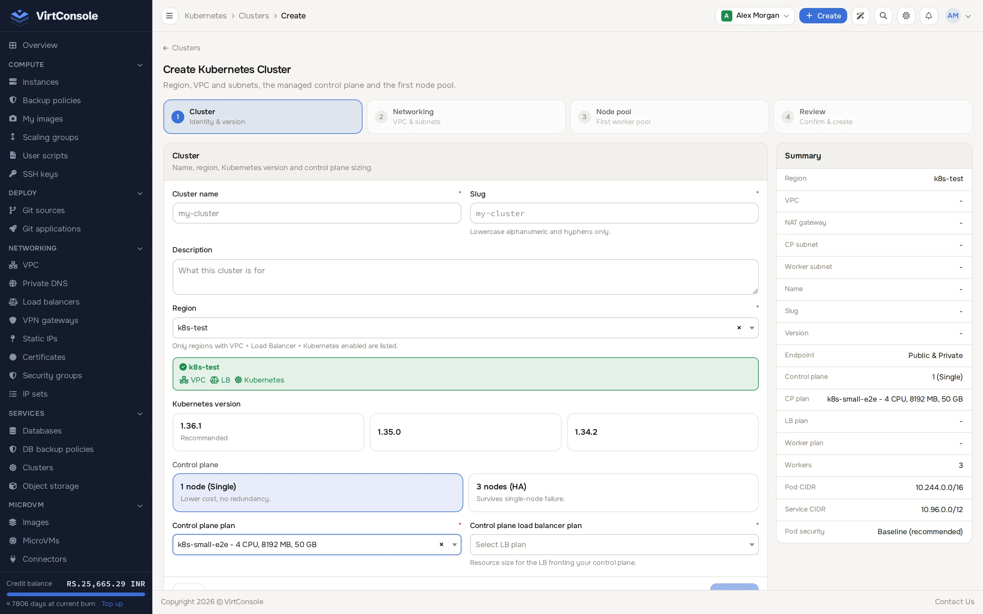 Region and VPC selected in the Create Cluster wizard