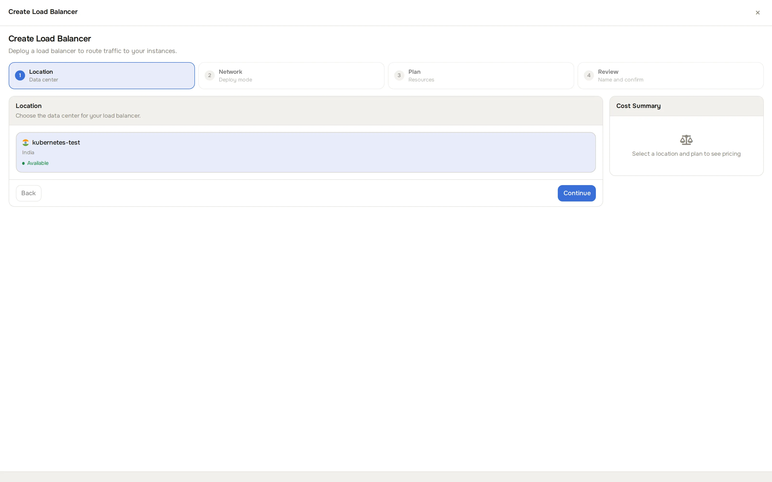Location step of the Create Load Balancer panel