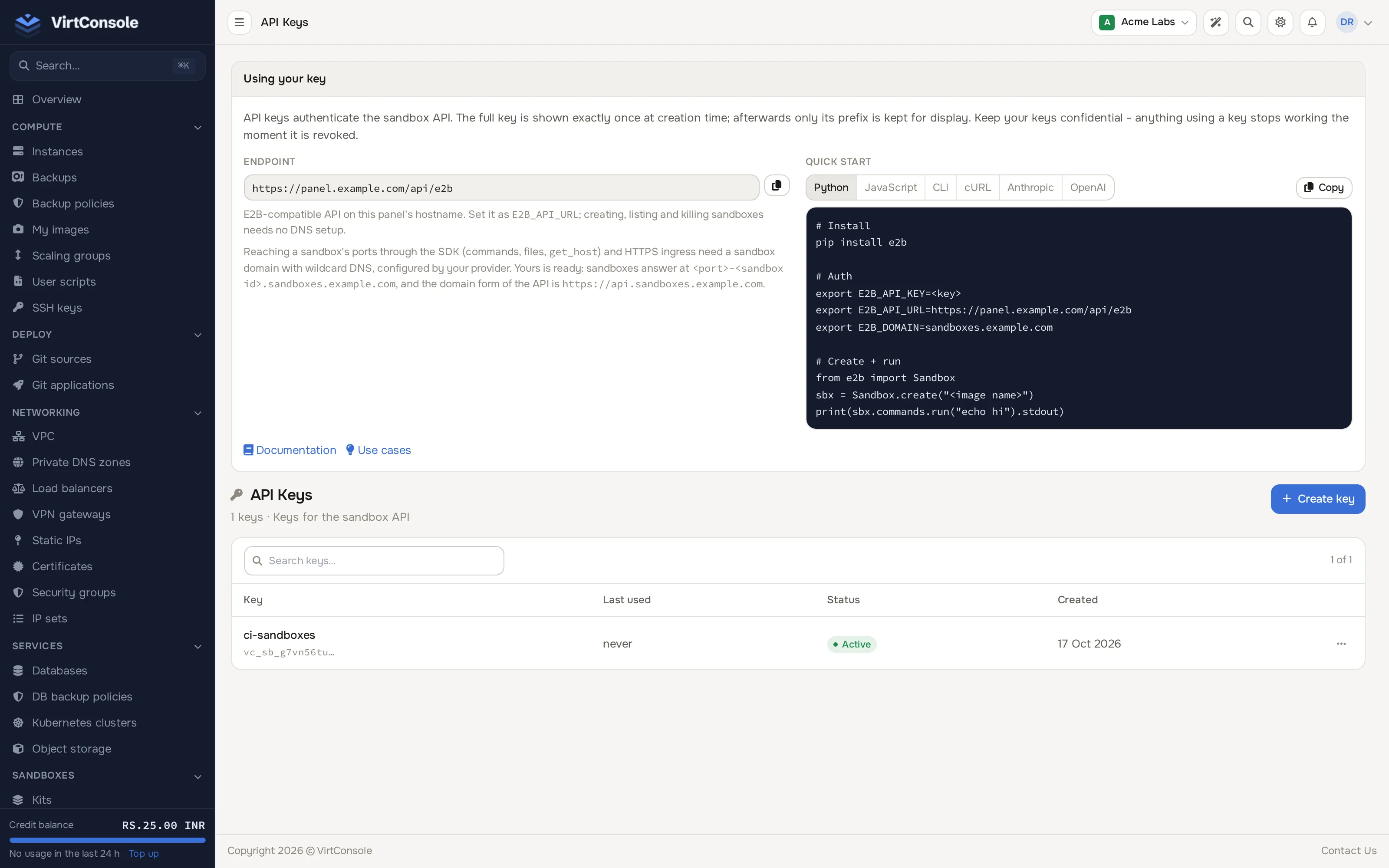 Sandbox API keys page
