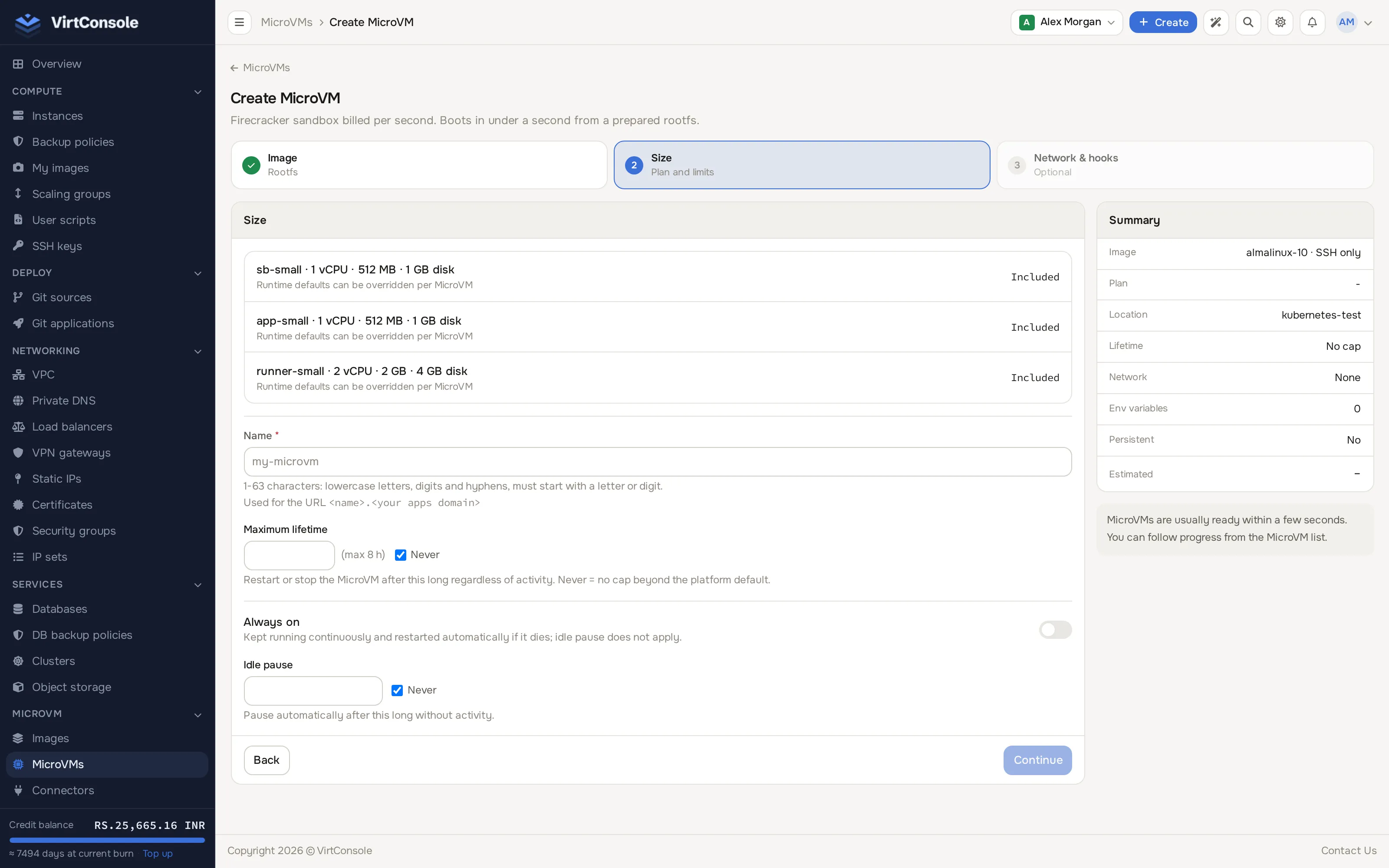 MicroVM create, Size step