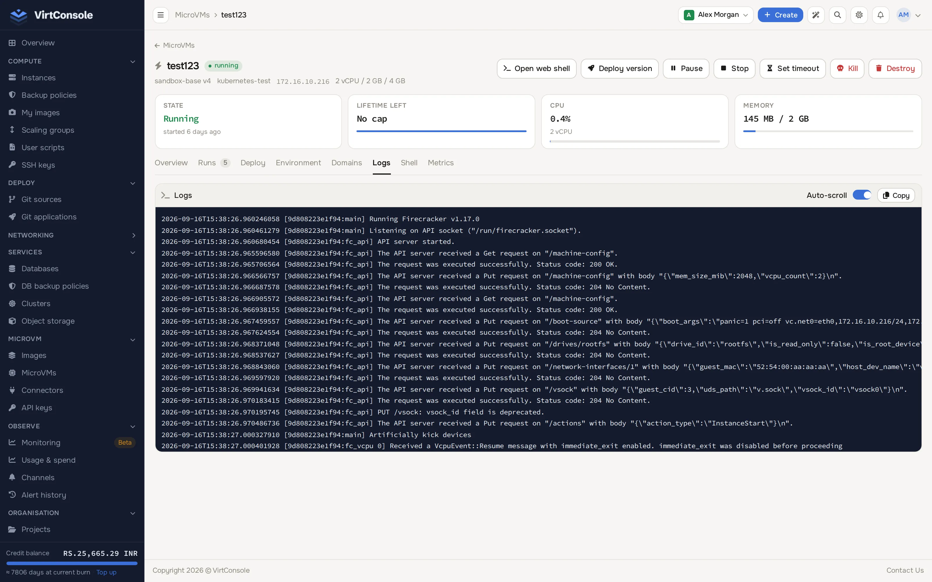 MicroVM Logs tab