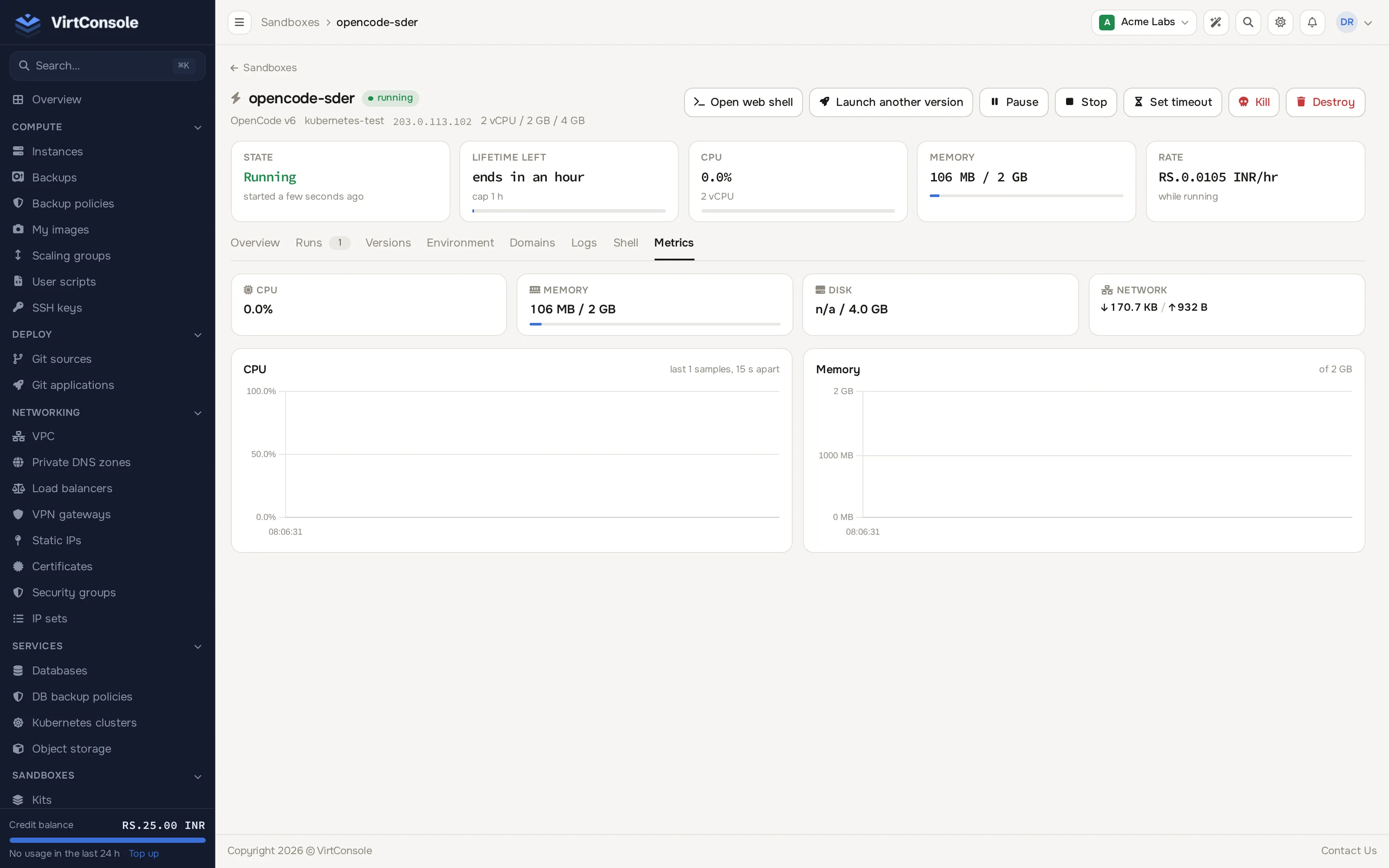 Sandbox Metrics tab