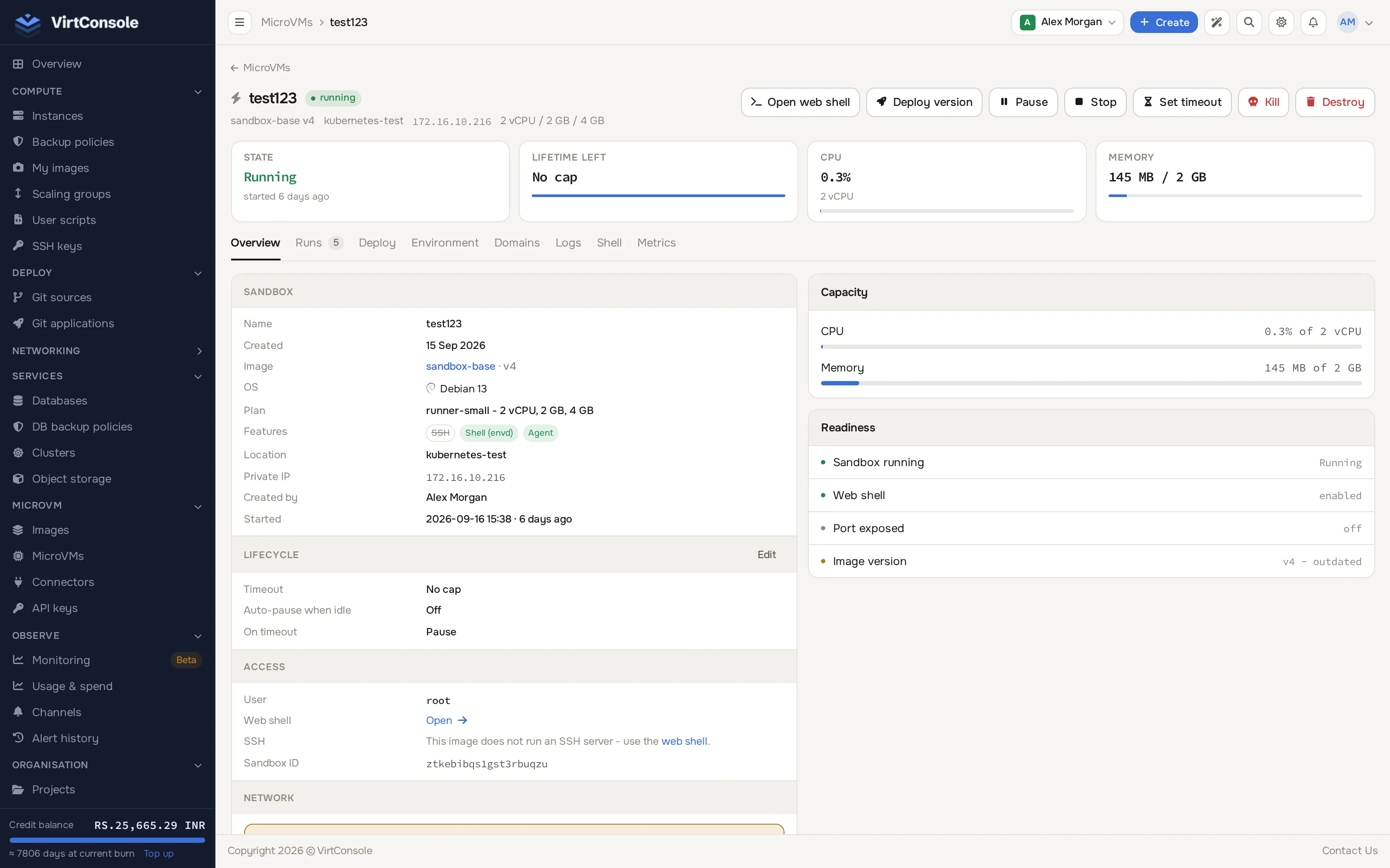 MicroVM show page, Overview tab