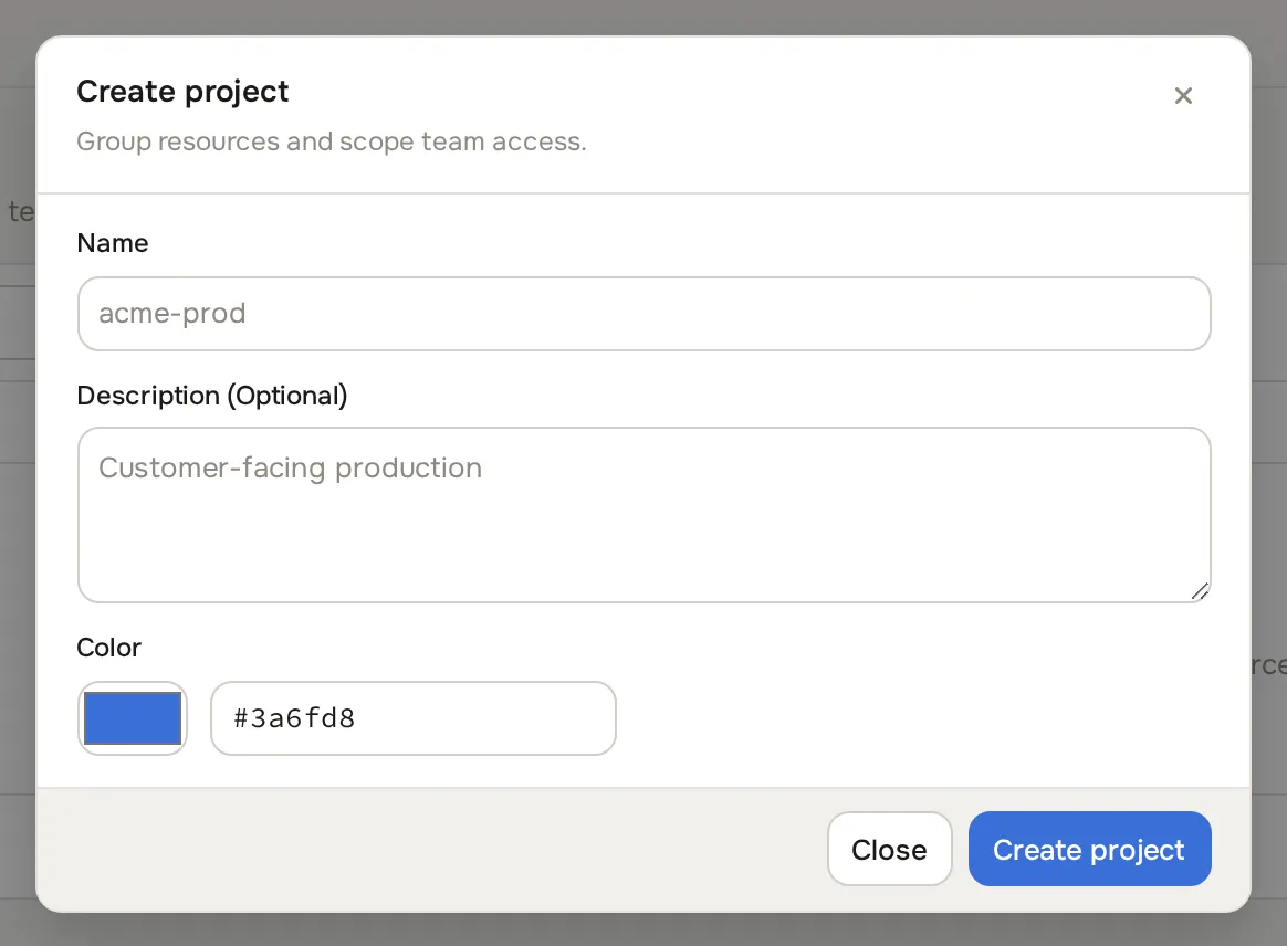 Create project dialog