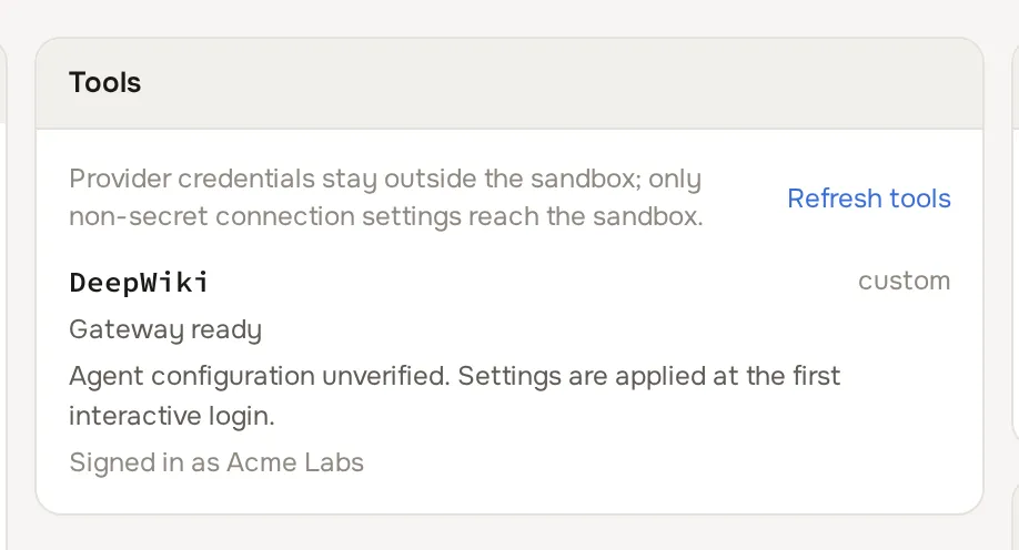 Tools card on the sandbox Overview tab