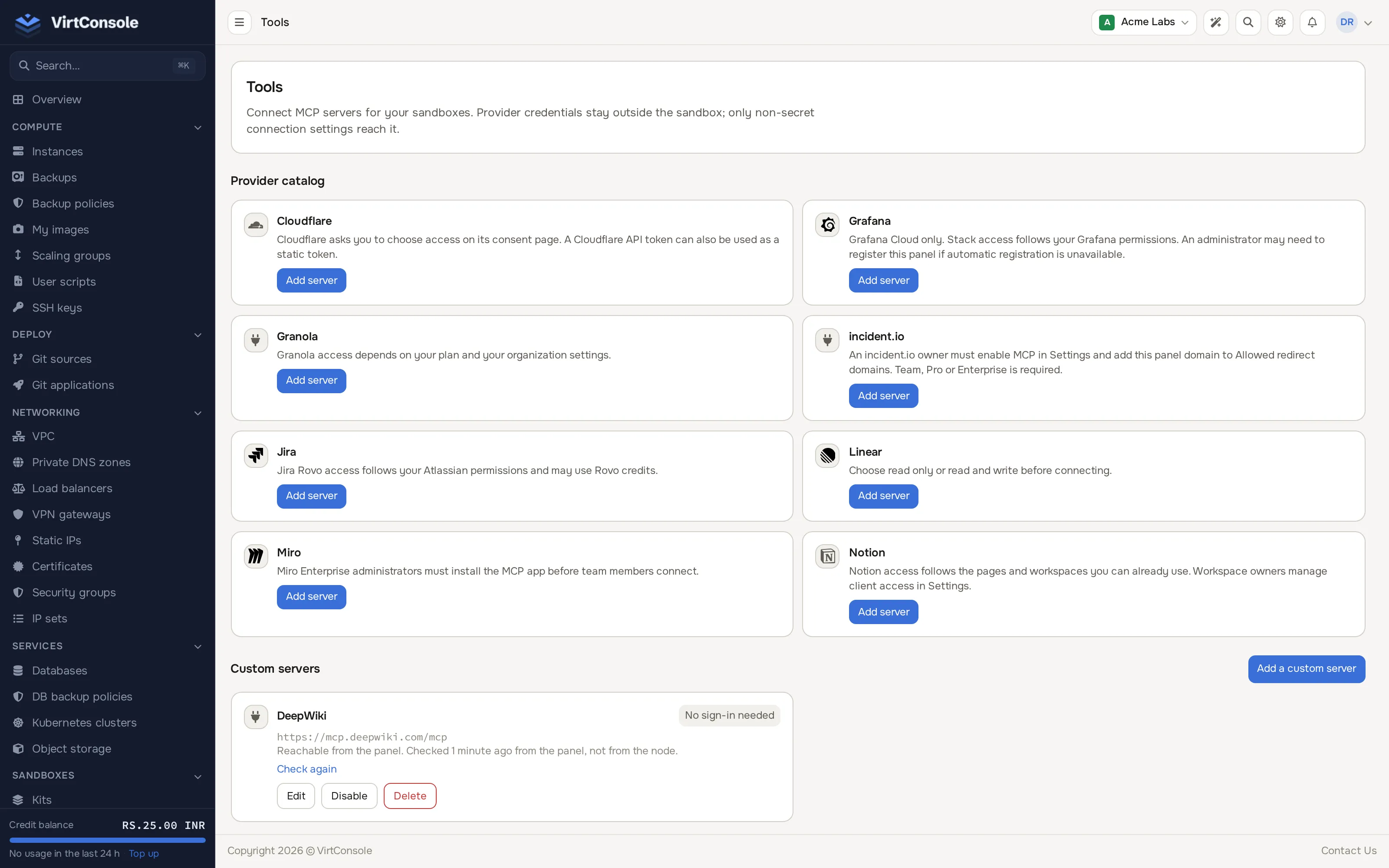 Tools page with the provider catalog and custom servers