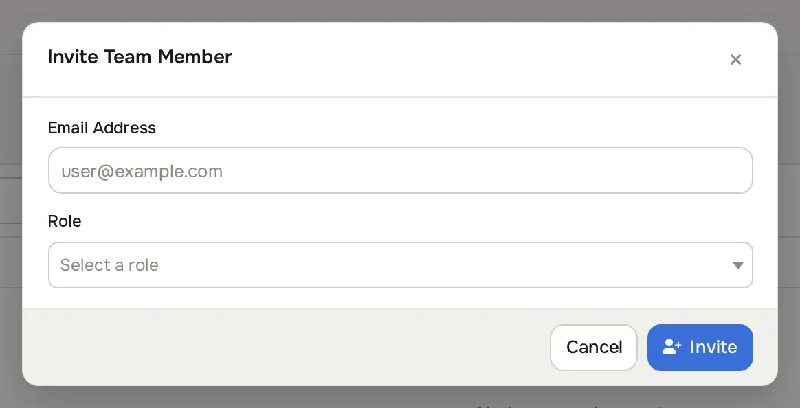 Invite Team Member dialog