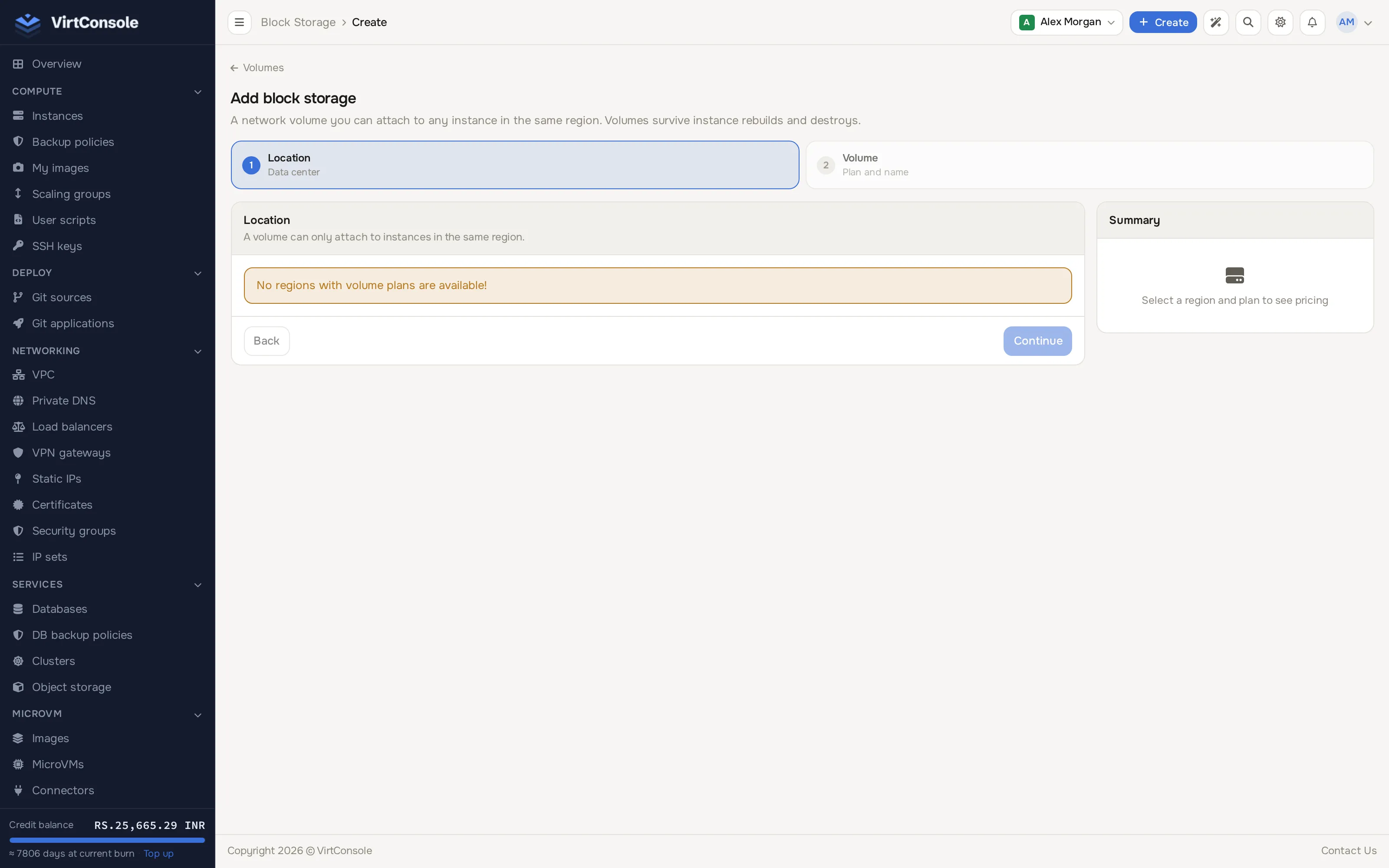Add block storage page, Location step